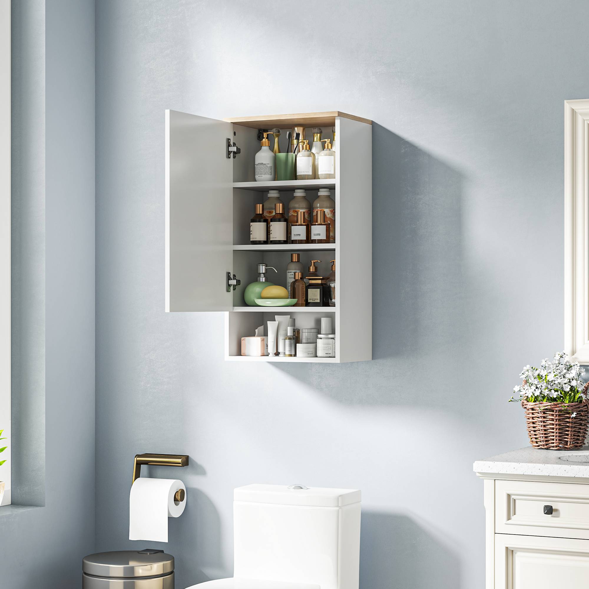 Sans Marque - Meuble salle bain mural meuble salle bain étagères réglables compartiment ouvert bois blanc - Image 3