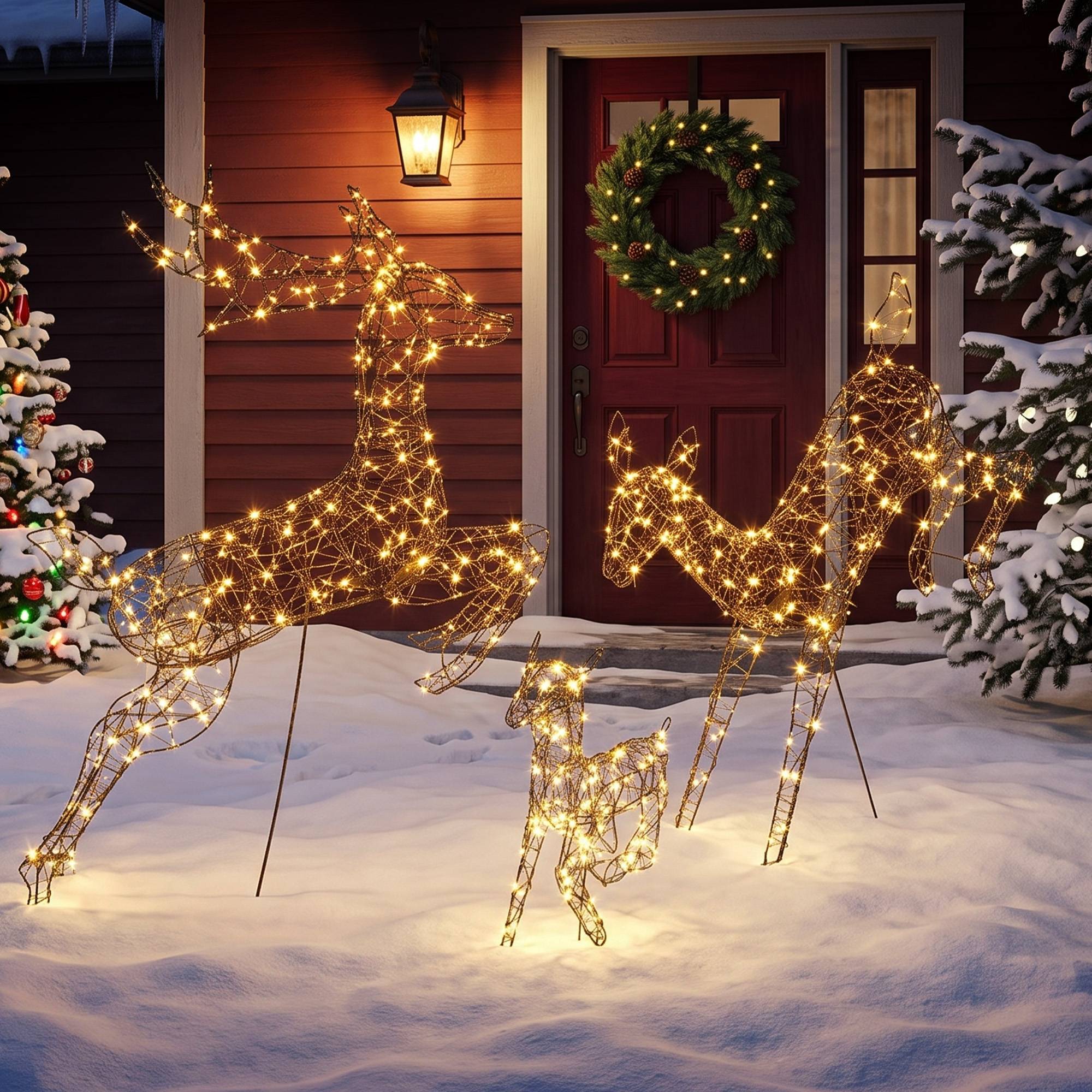ComfortXL - Lot de 3 rennes lumineux en rotin PP marron jusqu'à 120 cm avec 200 LED blanc chaud pour terrasse abritée - Image 1