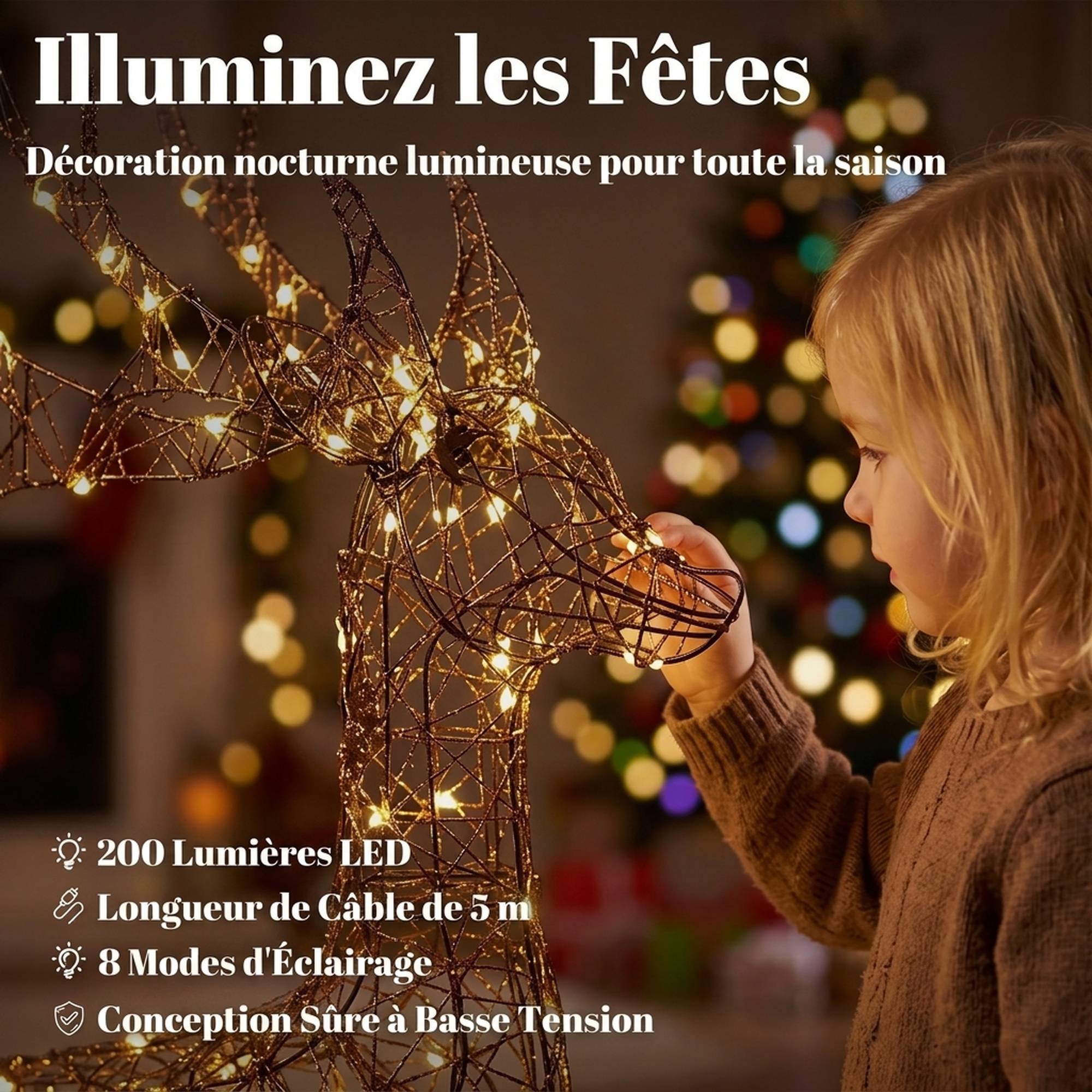 ComfortXL - Lot de 3 rennes lumineux en rotin PP marron jusqu'à 120 cm avec 200 LED blanc chaud pour terrasse abritée - Image 5