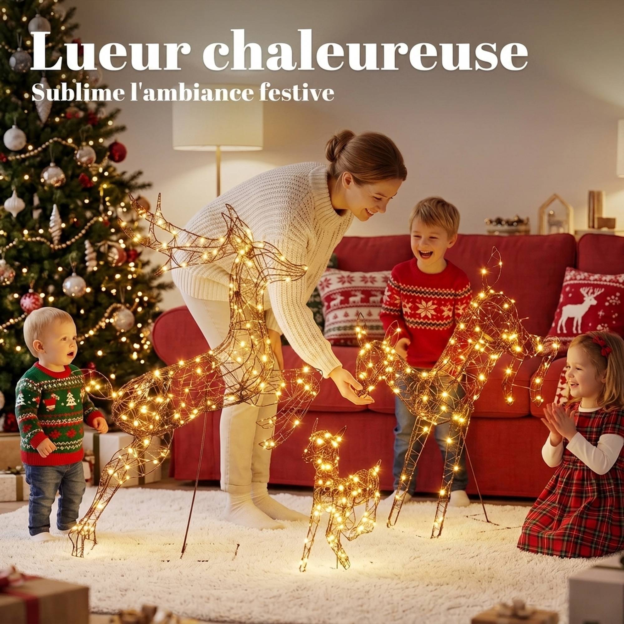 ComfortXL - Lot de 3 rennes lumineux en rotin PP marron jusqu'à 120 cm avec 200 LED blanc chaud pour terrasse abritée - Image 4