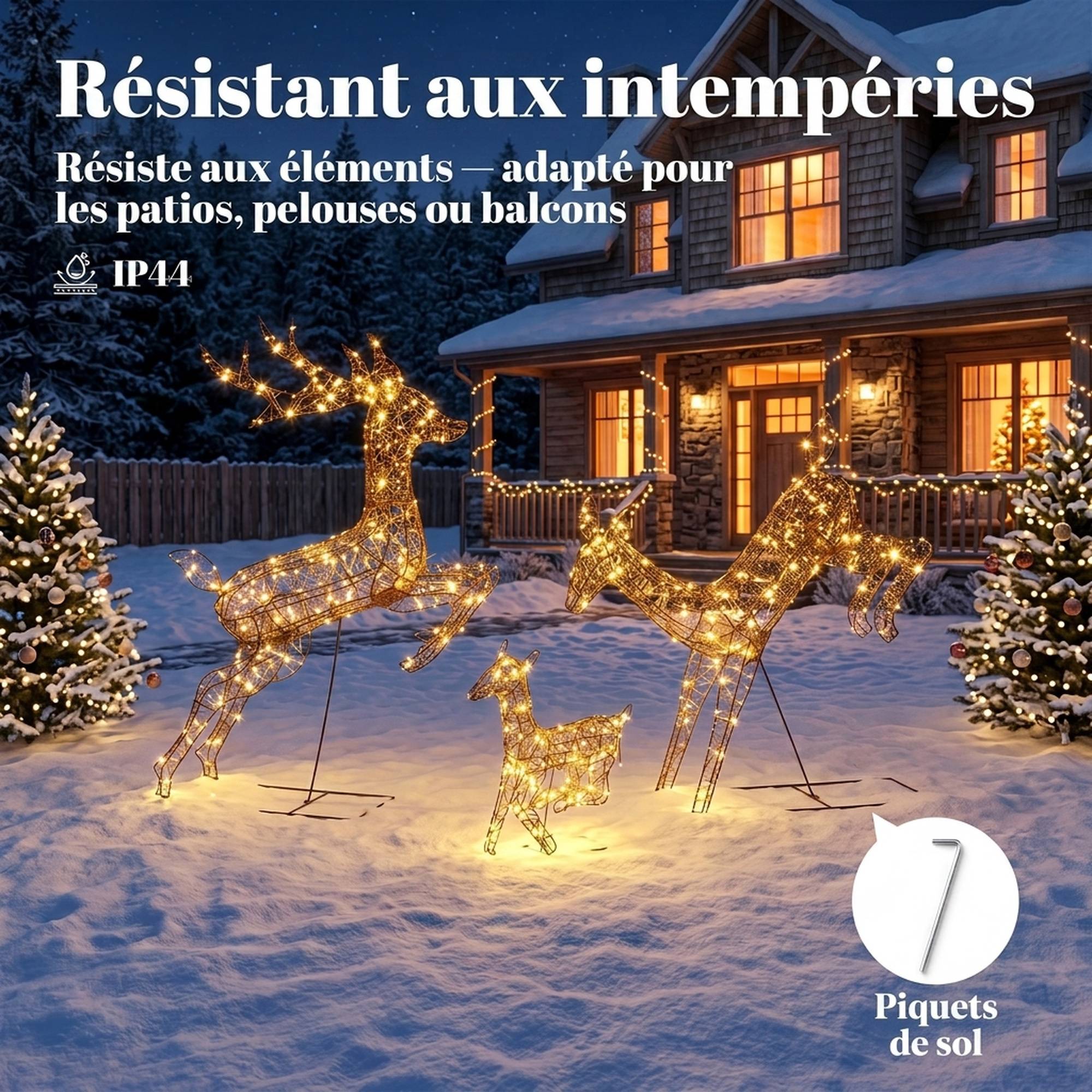 ComfortXL - Lot de 3 rennes lumineux en rotin PP marron jusqu'à 120 cm avec 200 LED blanc chaud pour terrasse abritée - Image 7