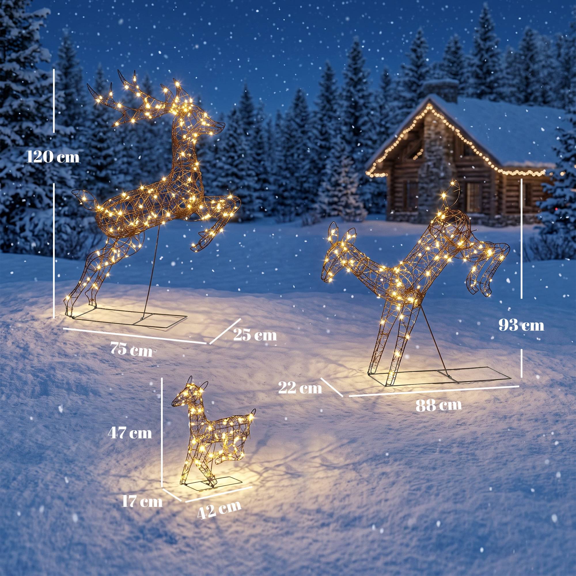 ComfortXL - Lot de 3 rennes lumineux en rotin PP marron jusqu'à 120 cm avec 200 LED blanc chaud pour terrasse abritée - Image 3