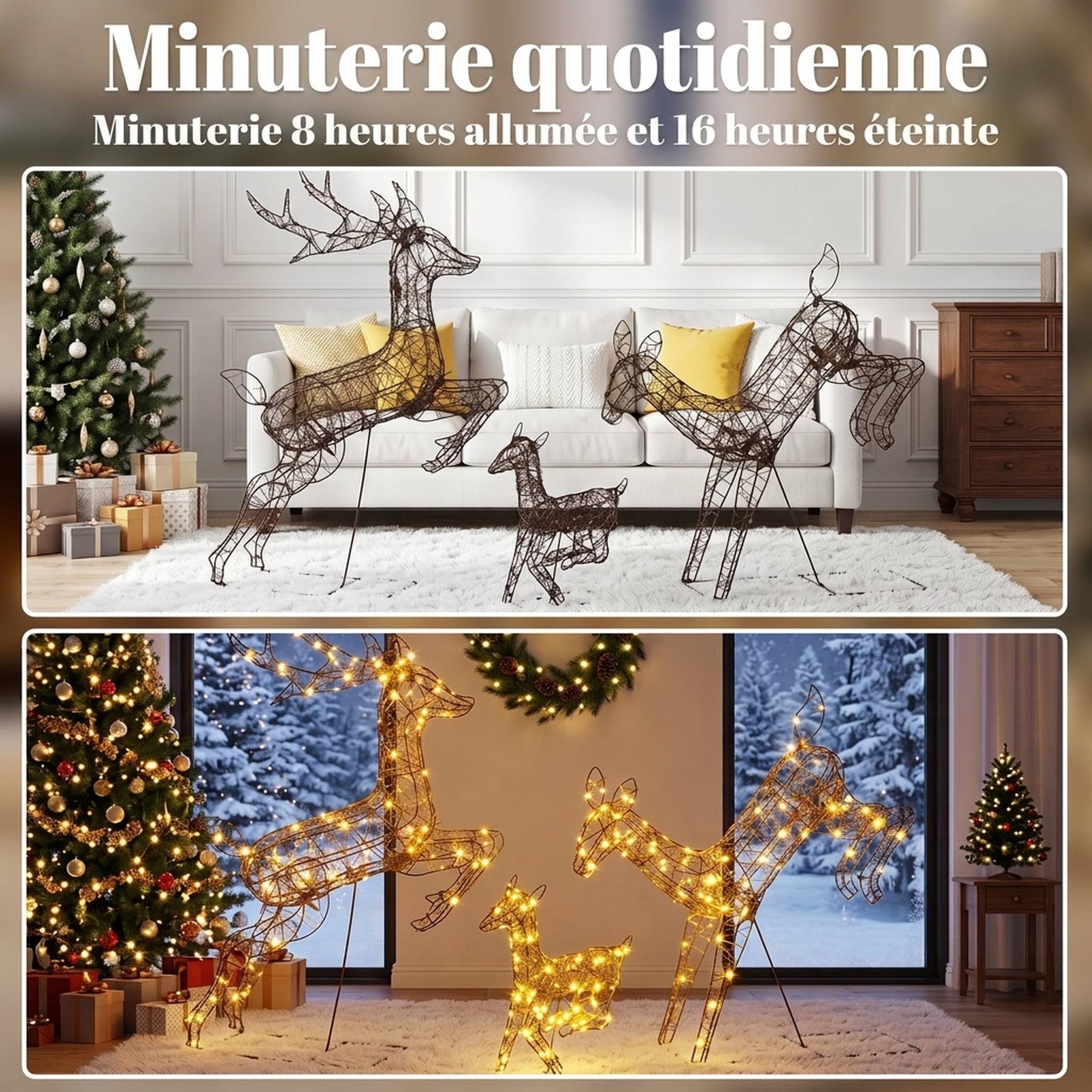 ComfortXL - Lot de 3 rennes lumineux en rotin PP marron jusqu'à 120 cm avec 200 LED blanc chaud pour terrasse abritée - Image 6