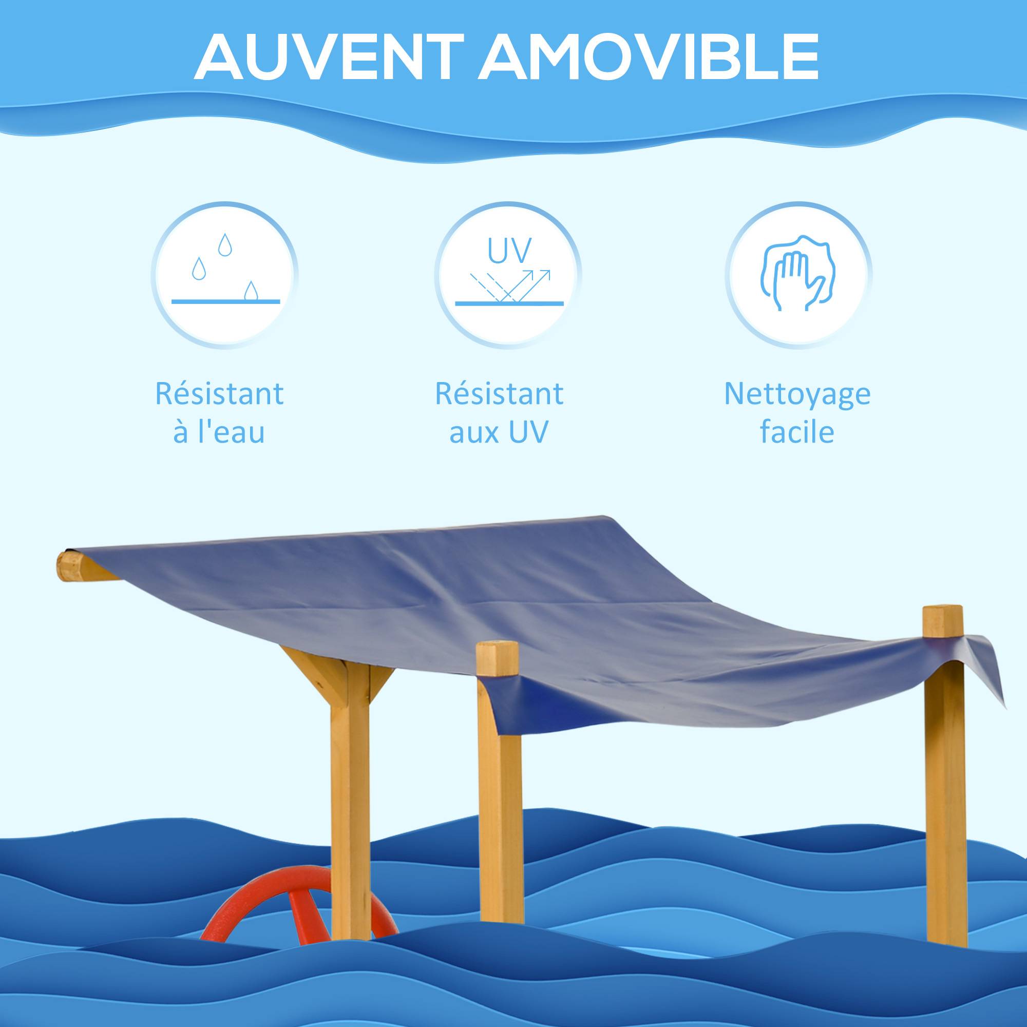 Bac à Sable Bateau de Pirate en Bois - Voile d'ombrage, Coffre Rangement, gouvernail - Bois Sapin pré-huilé - Image 9