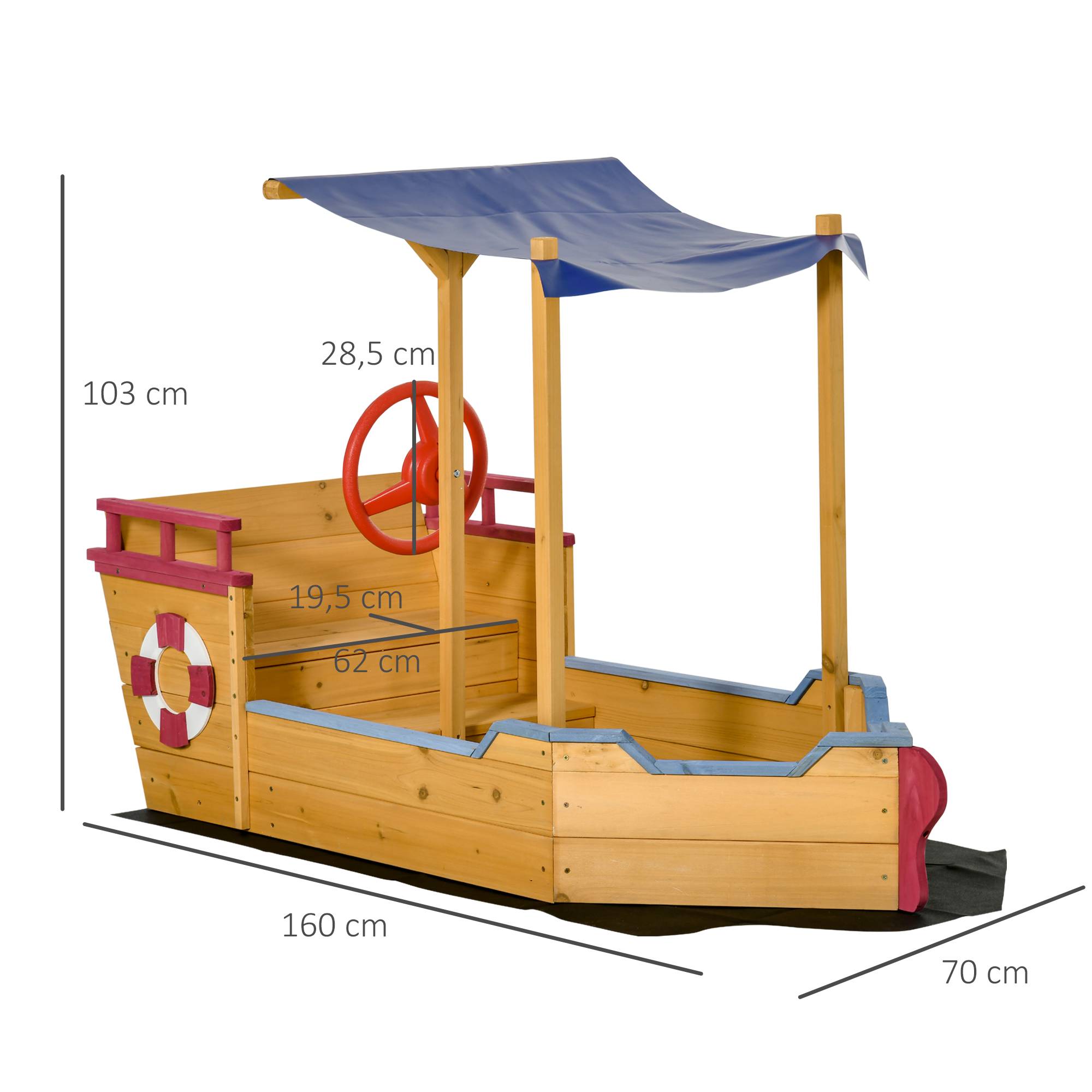 Bac à Sable Bateau de Pirate en Bois - Voile d'ombrage, Coffre Rangement, gouvernail - Bois Sapin pré-huilé - Image 5
