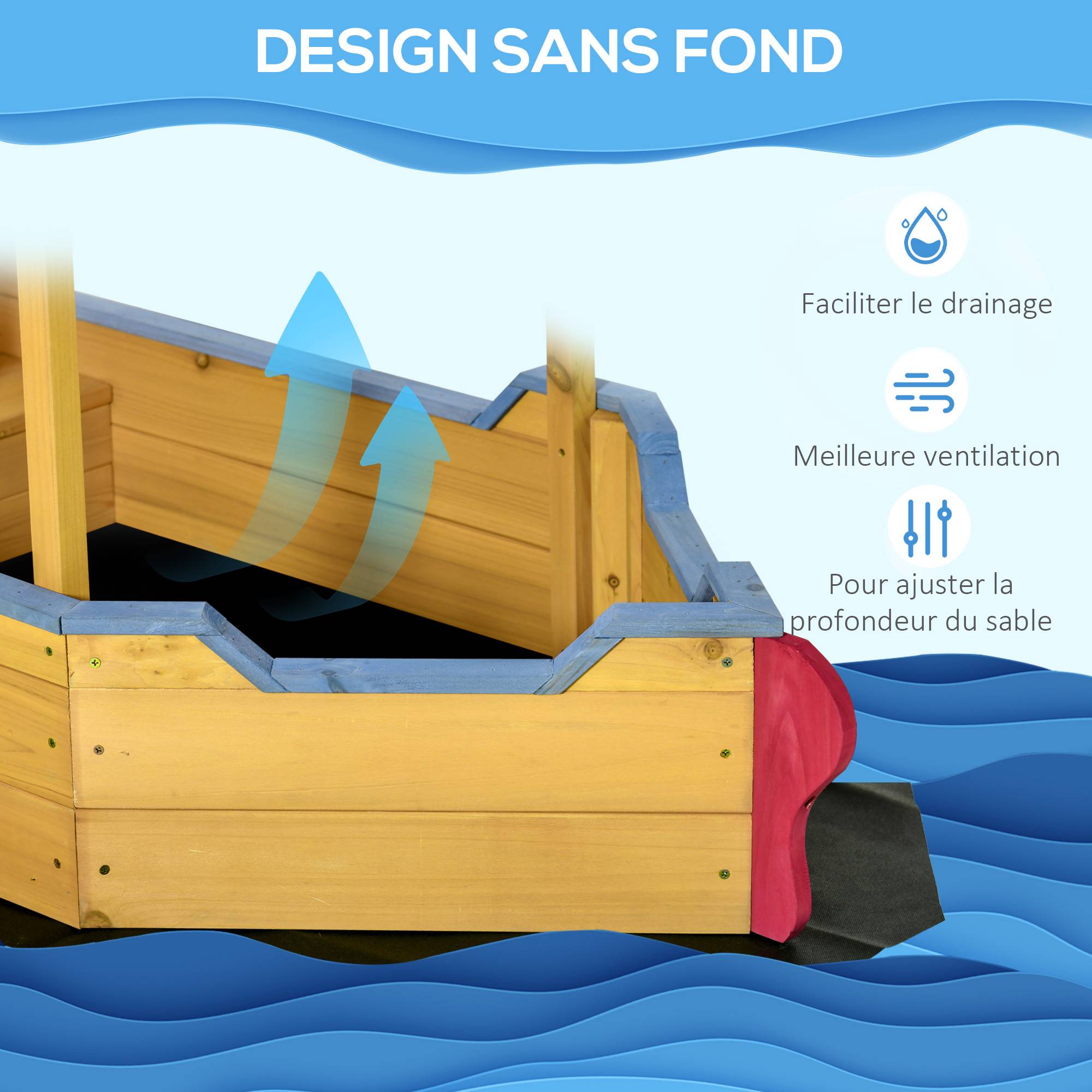 Bac à Sable Bateau de Pirate en Bois - Voile d'ombrage, Coffre Rangement, gouvernail - Bois Sapin pré-huilé - Image 8