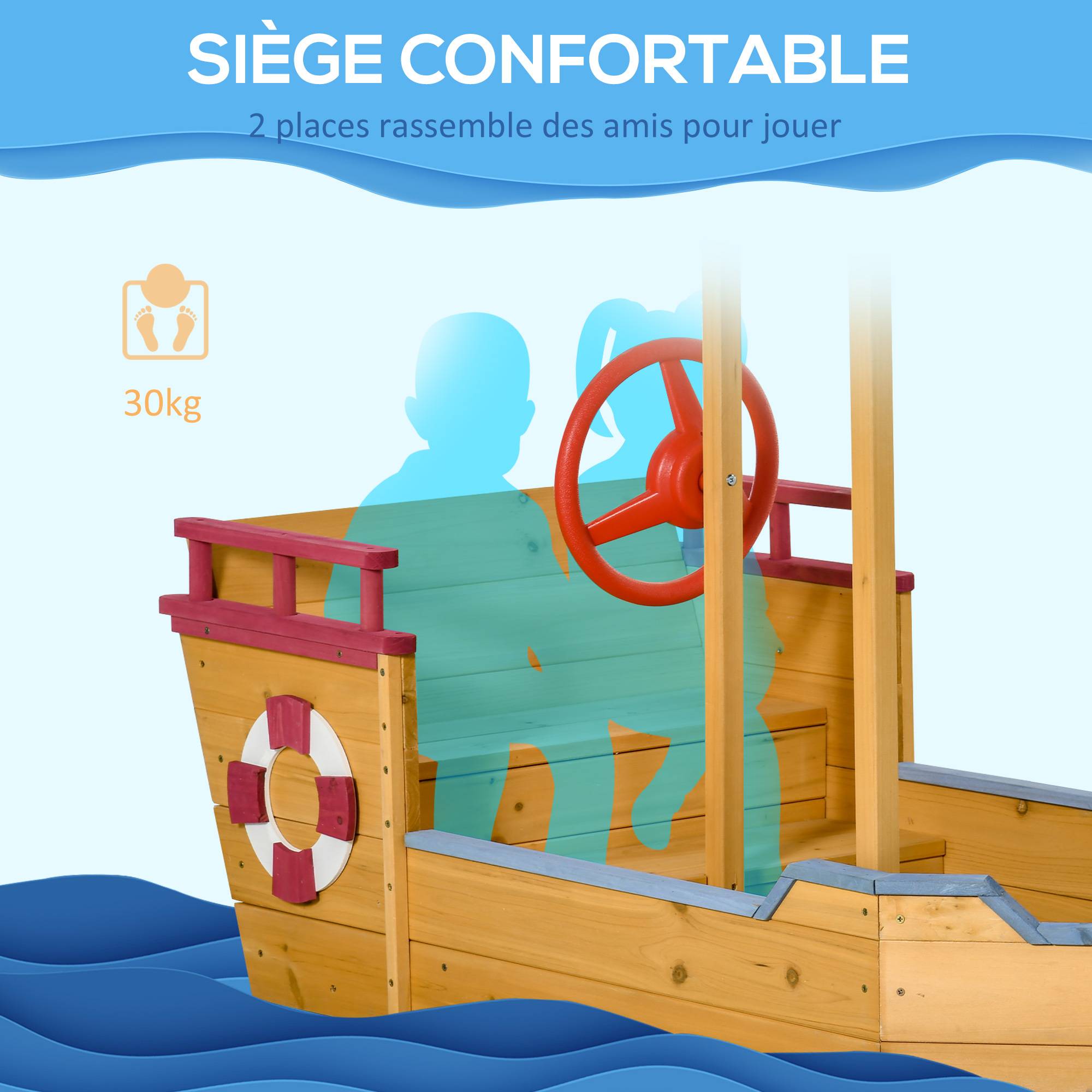 Bac à Sable Bateau de Pirate en Bois - Voile d'ombrage, Coffre Rangement, gouvernail - Bois Sapin pré-huilé - Image 7