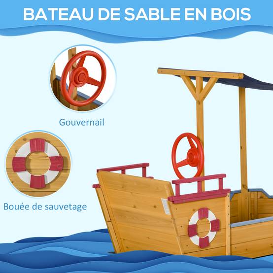Bac à Sable Bateau de Pirate en Bois - Voile d'ombrage, Coffre Rangement, gouvernail - Bois Sapin pré-huilé - Image 6