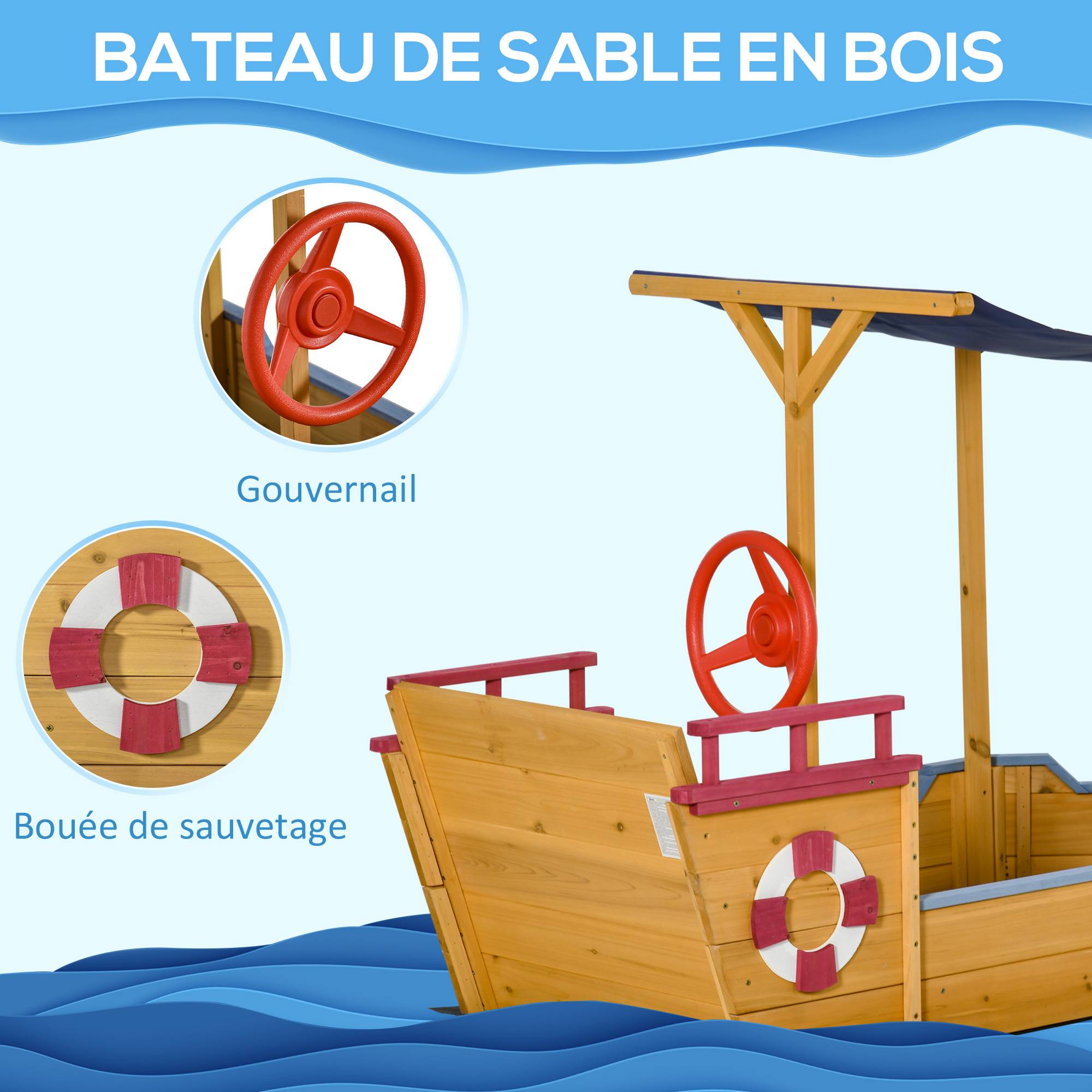 Bac à Sable Bateau de Pirate en Bois - Voile d'ombrage, Coffre Rangement, gouvernail - Bois Sapin pré-huilé - Image 6