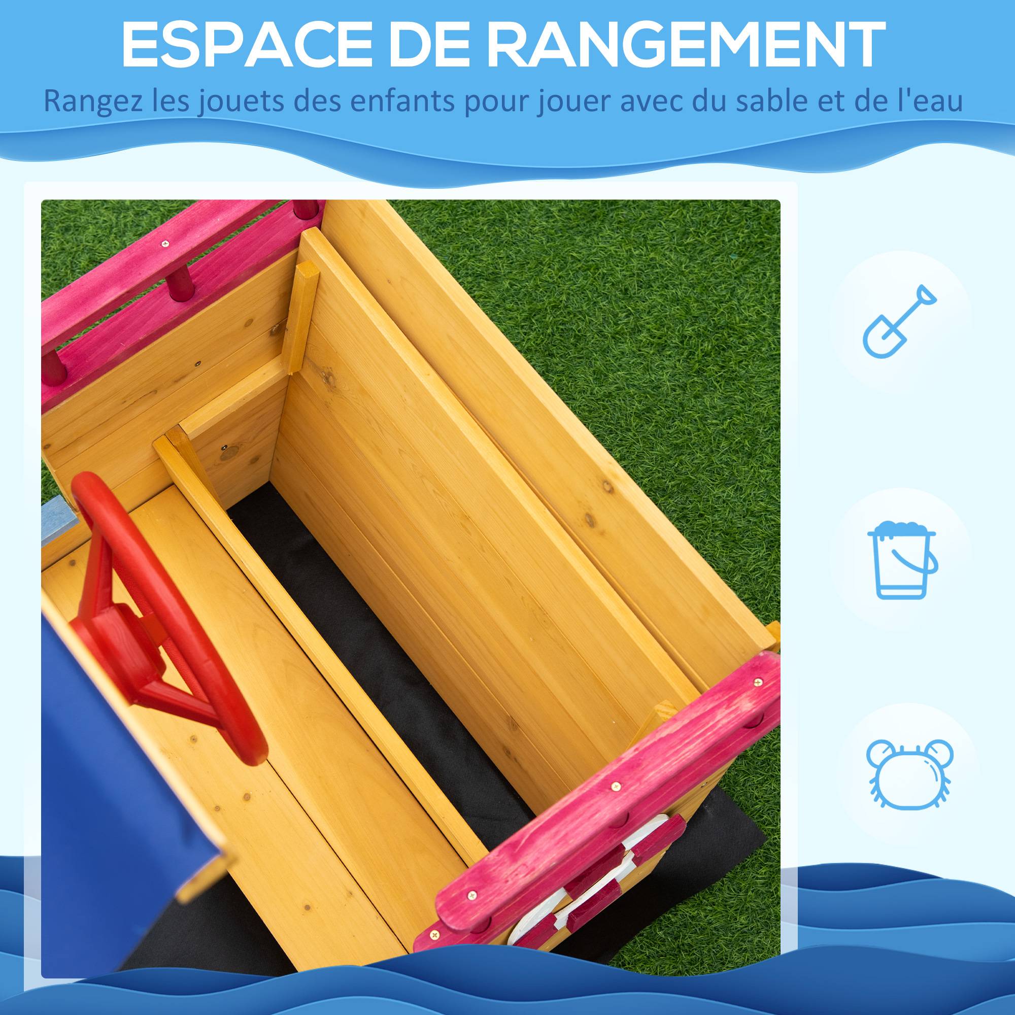 Bac à Sable Bateau de Pirate en Bois - Voile d'ombrage, Coffre Rangement, gouvernail - Bois Sapin pré-huilé - Image 10