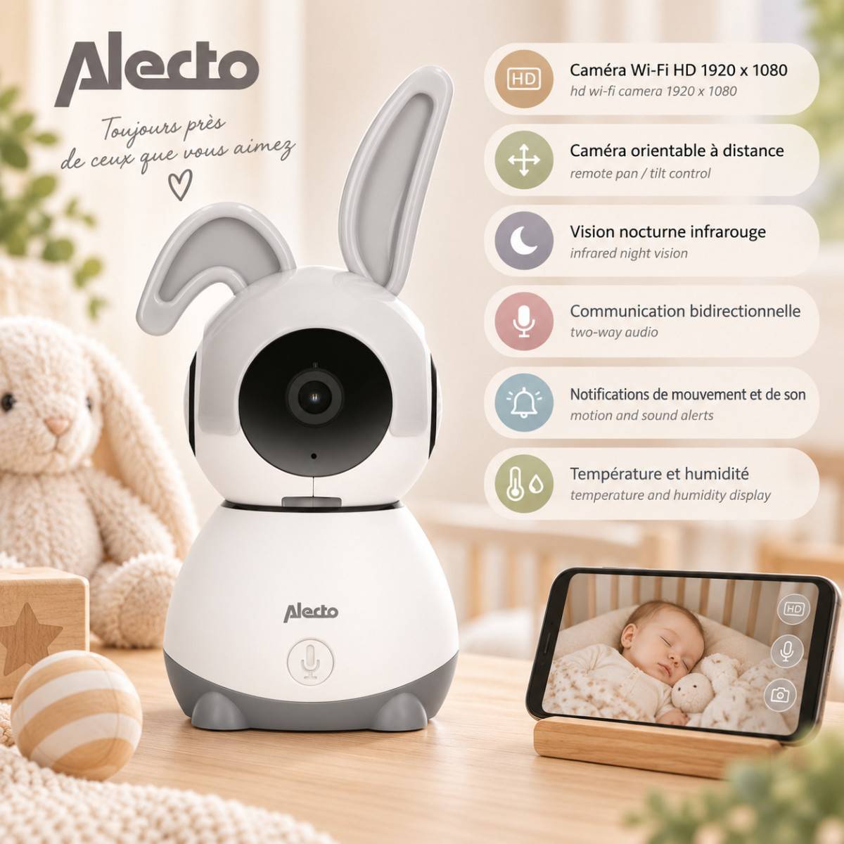 Babyphone Wi-Fi Caméra Full HD 1080p orientable Vision Nocturne Interphone Alertes Alecto - Image 4