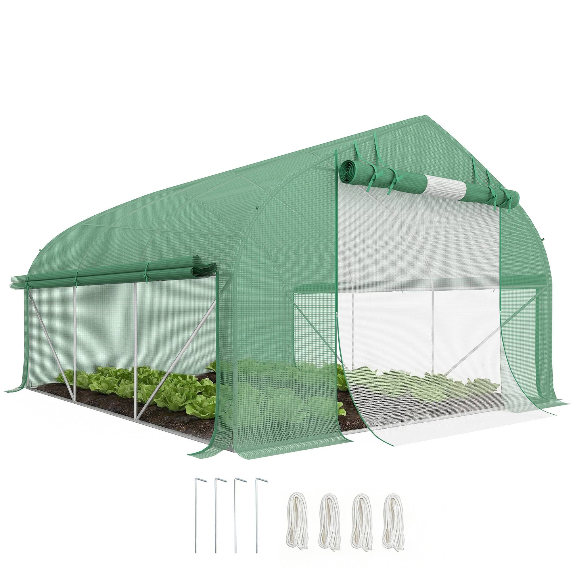 Serre de jardin tunnel 10,4 m² serre de jardin anti-UV porte zippée enroulable fenêtres maille 350 x 300 x 200 cm vert - Image 1