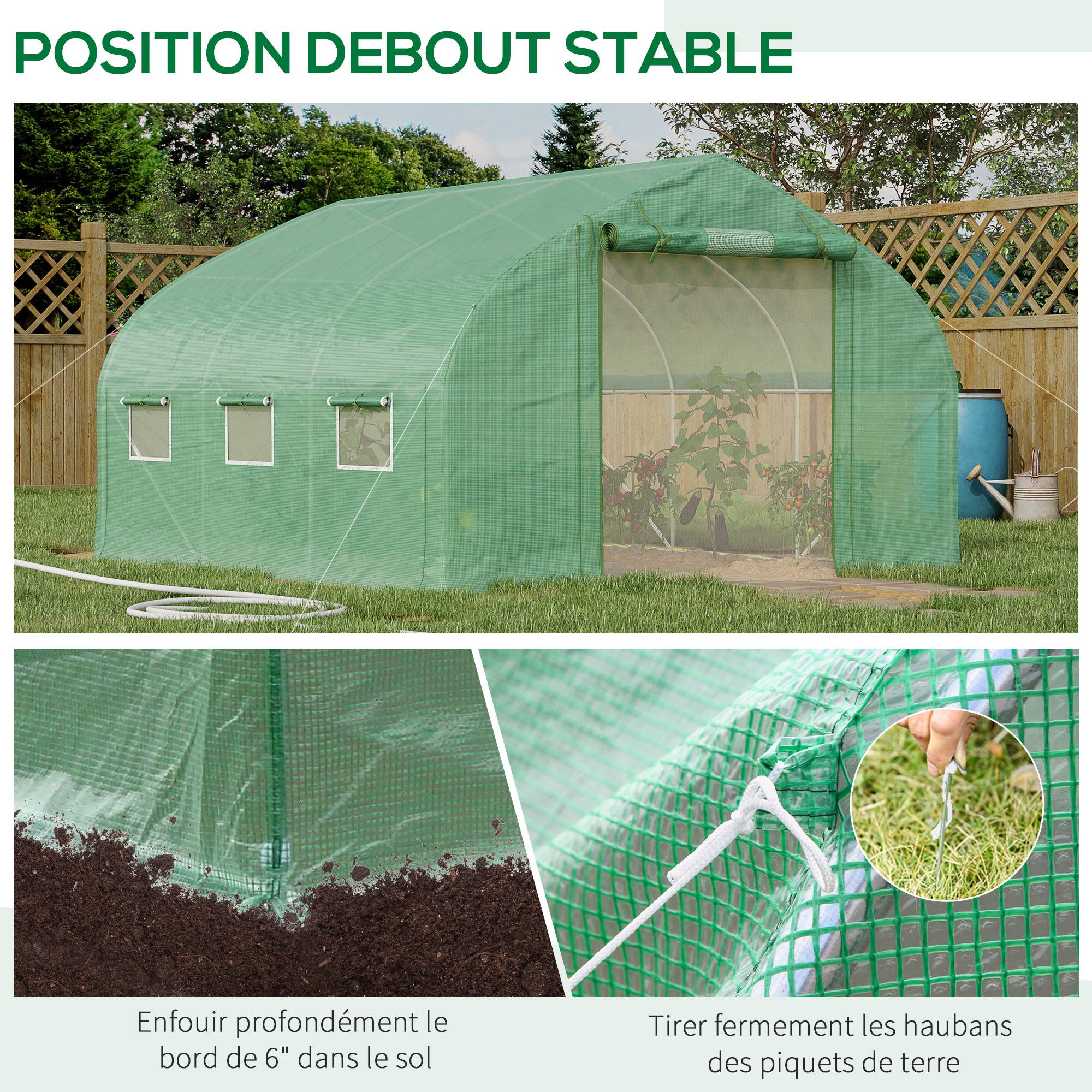 Serre de jardin tunnel 10,4 m² serre de jardin anti-UV porte zippée enroulable fenêtres maille 350 x 300 x 200 cm vert - Image 9