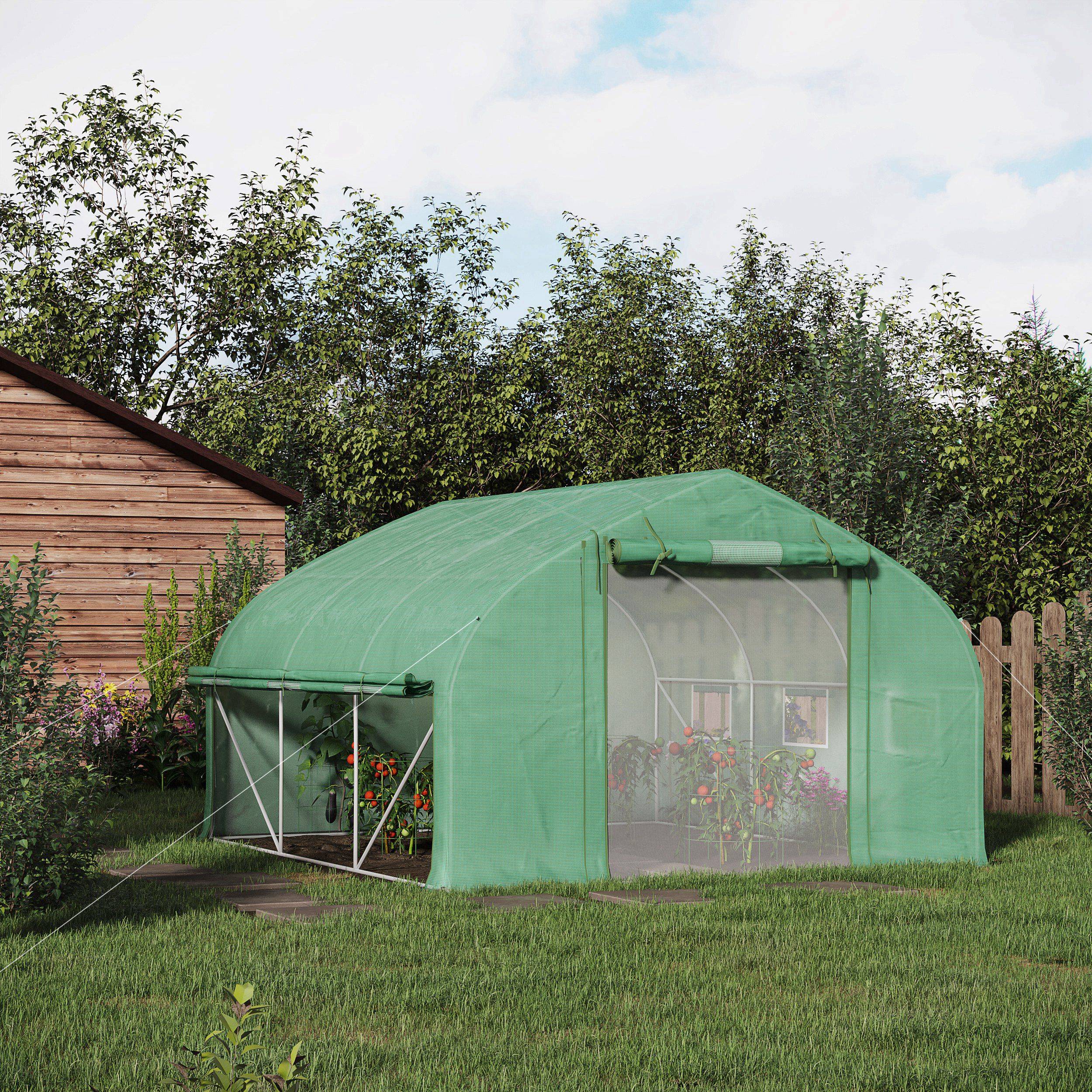 Serre de jardin tunnel 10,4 m² serre de jardin anti-UV porte zippée enroulable fenêtres maille 350 x 300 x 200 cm vert - Image 4