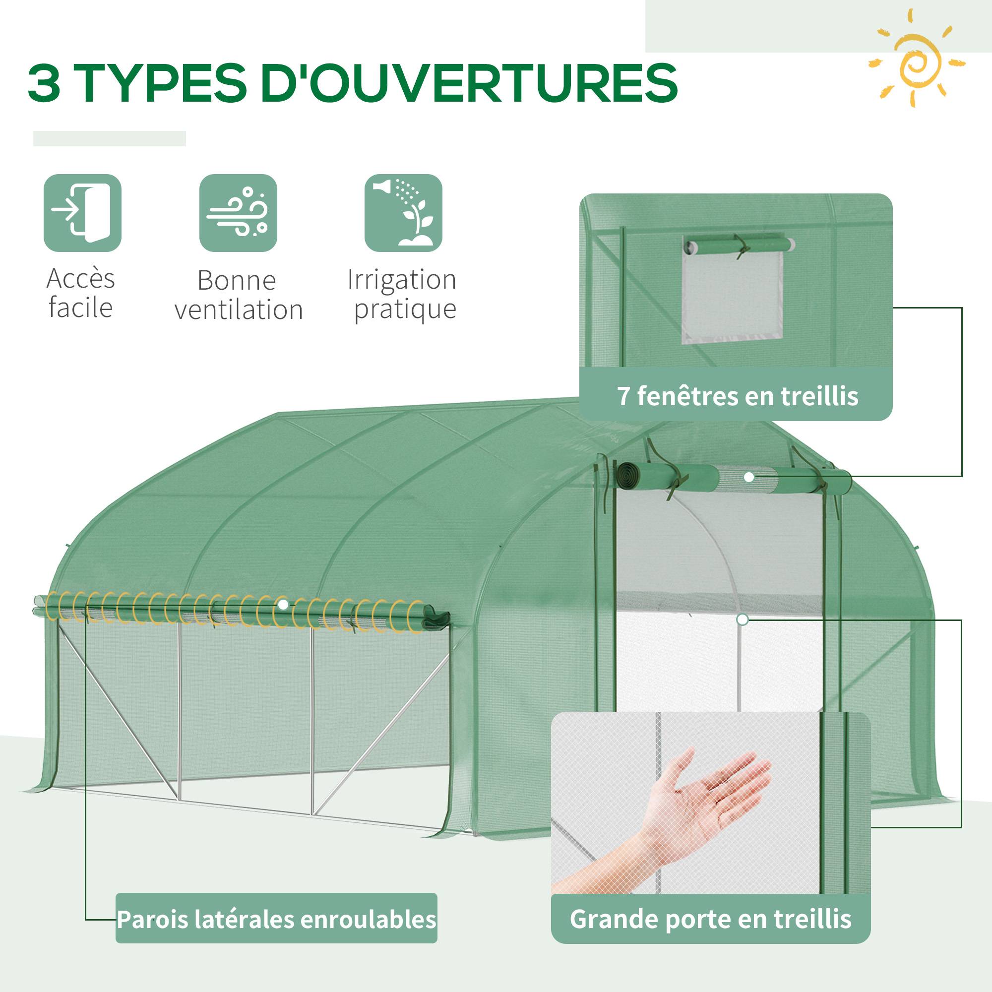 Serre de jardin tunnel 10,4 m² serre de jardin anti-UV porte zippée enroulable fenêtres maille 350 x 300 x 200 cm vert - Image 6