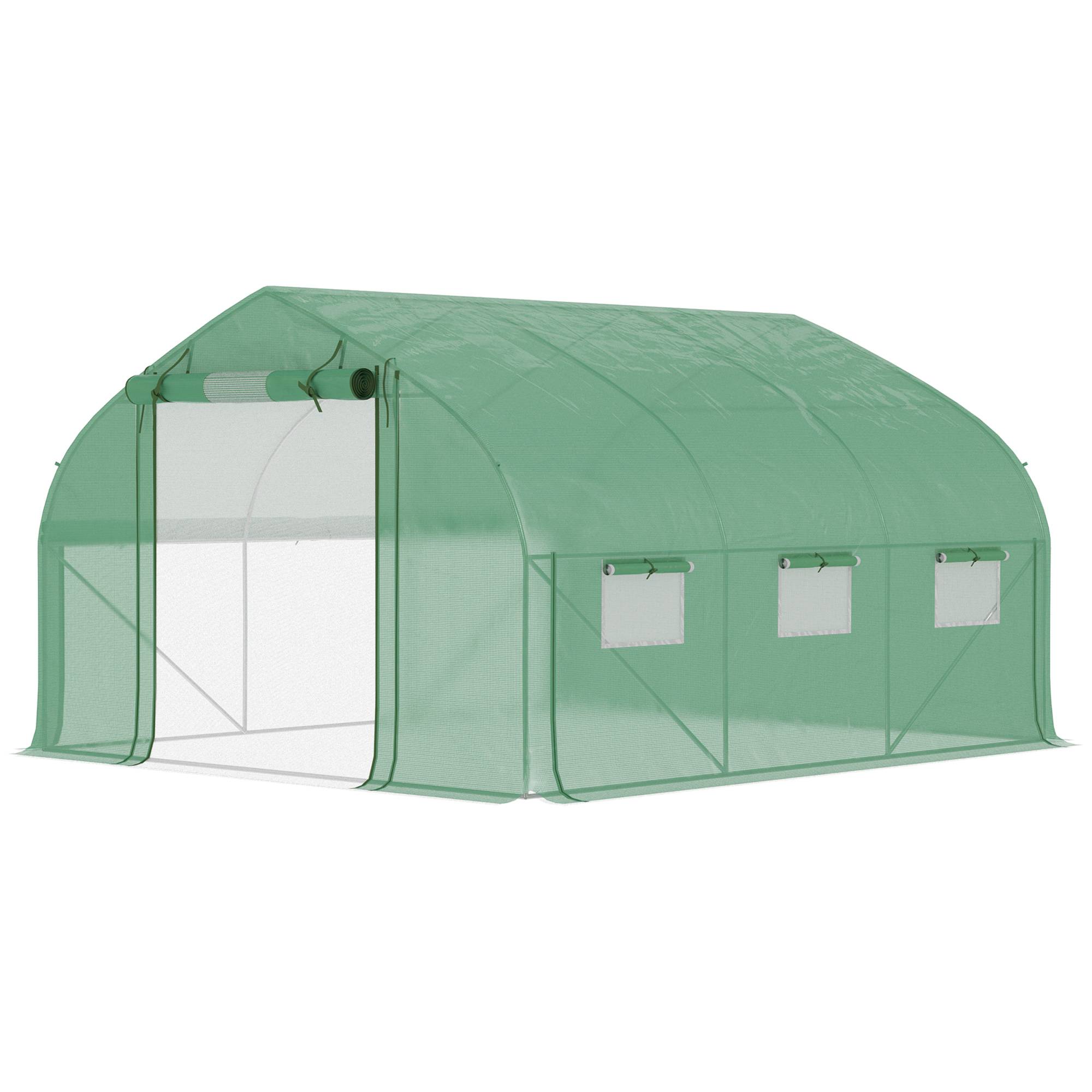 Serre de jardin tunnel 10,4 m² serre de jardin anti-UV porte zippée enroulable fenêtres maille 350 x 300 x 200 cm vert - Image 2