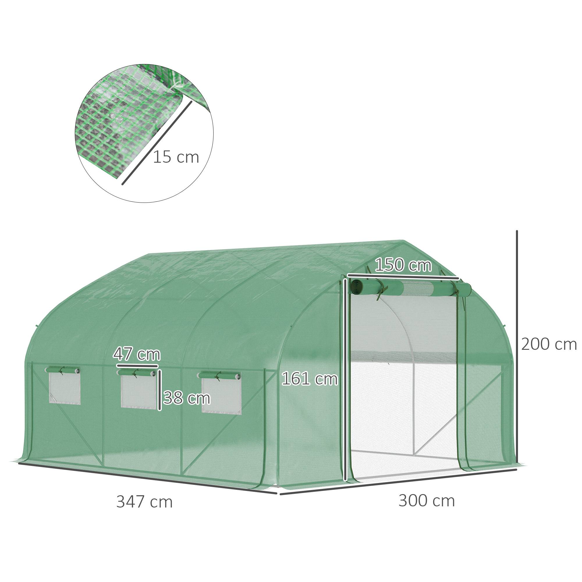 Serre de jardin tunnel 10,4 m² serre de jardin anti-UV porte zippée enroulable fenêtres maille 350 x 300 x 200 cm vert - Image 5