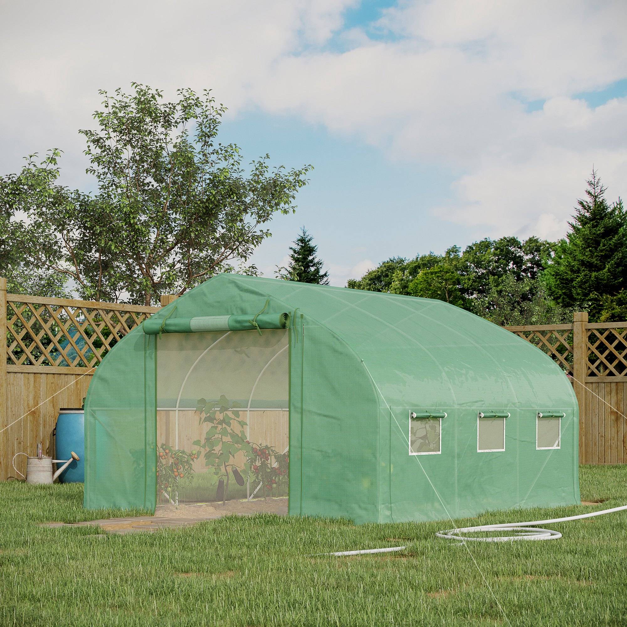 Serre de jardin tunnel 10,4 m² serre de jardin anti-UV porte zippée enroulable fenêtres maille 350 x 300 x 200 cm vert - Image 3