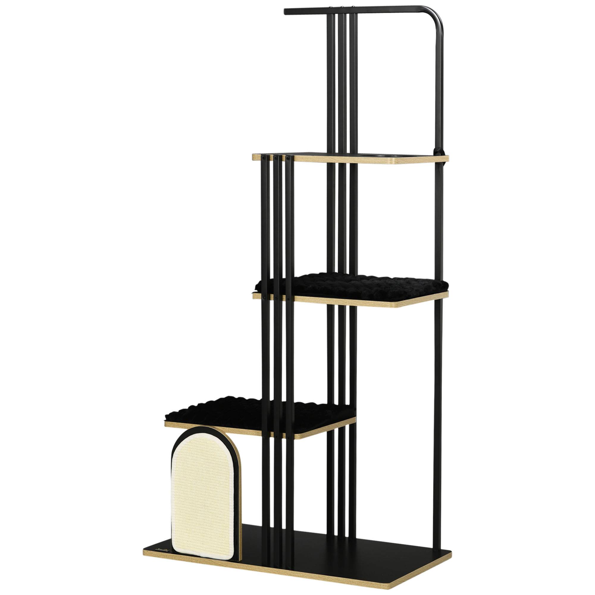 Sans Marque - Arbre à chat, design industriel, 3 plateformes, 2 coussins, mur à griffer, structure en acier, noir, 85 x 48 x 170 cm