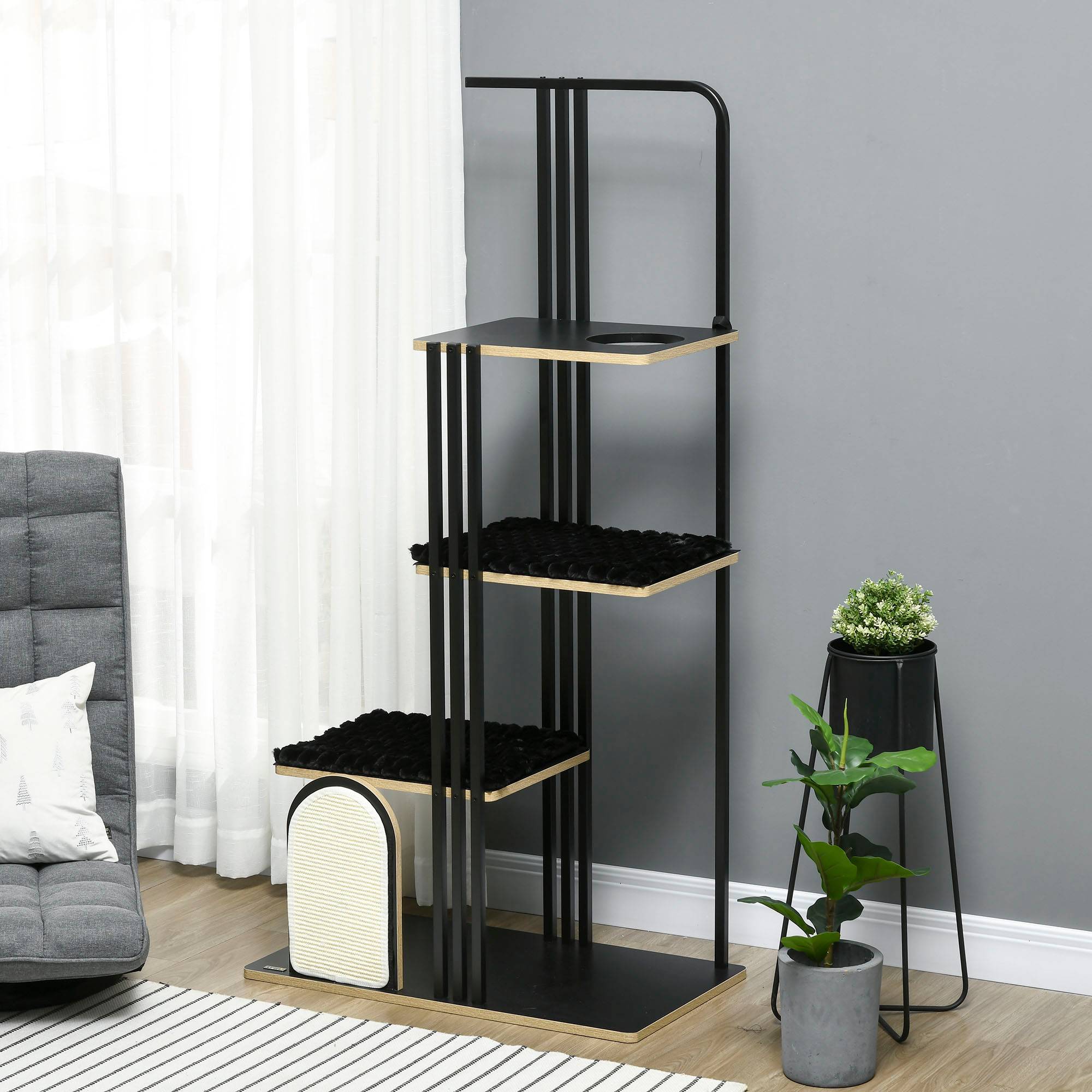 Sans Marque - Arbre à chat, design industriel, 3 plateformes, 2 coussins, mur à griffer, structure en acier, noir, 85 x 48 x 170 cm - Image 3
