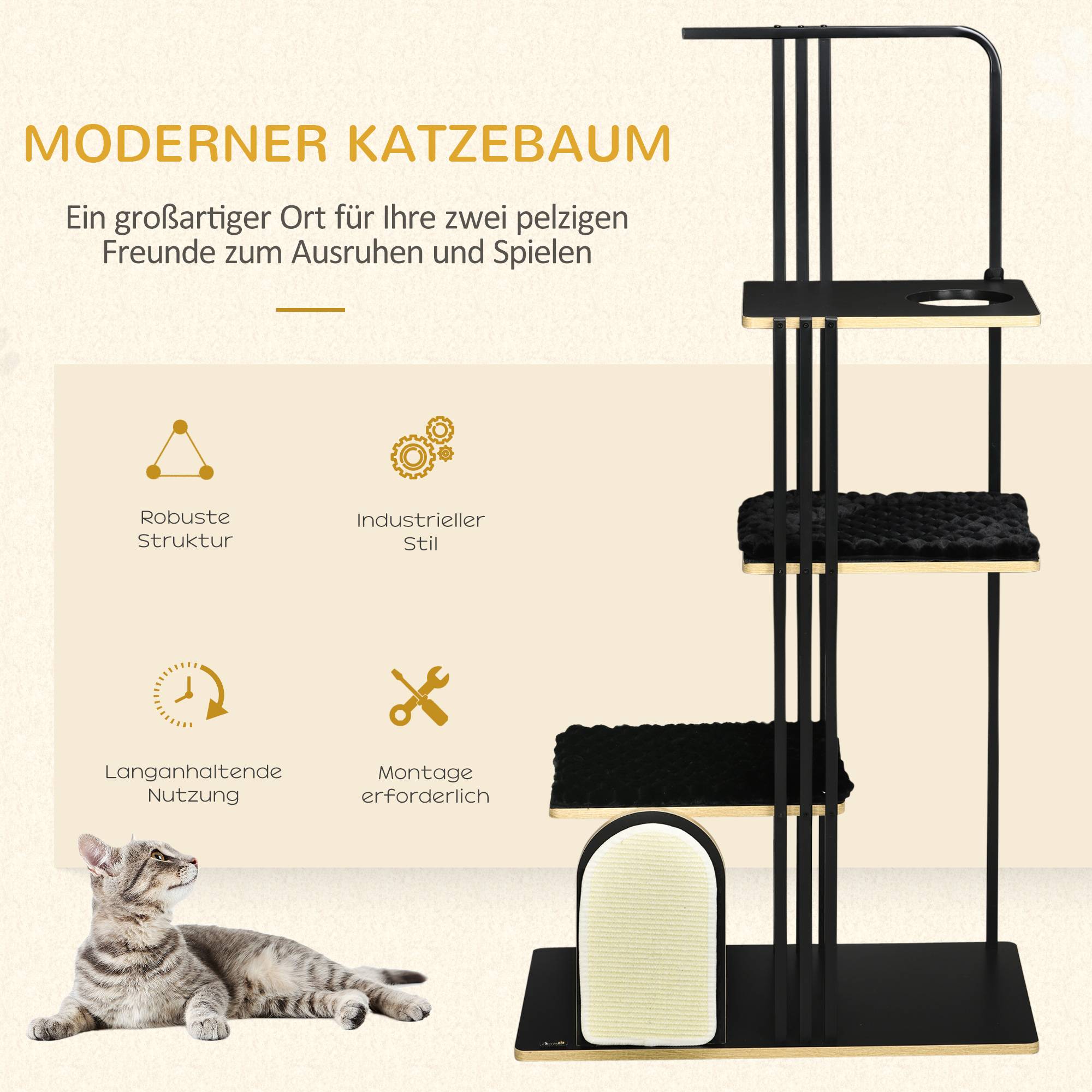 Sans Marque - Arbre à chat, design industriel, 3 plateformes, 2 coussins, mur à griffer, structure en acier, noir, 85 x 48 x 170 cm - Image 5