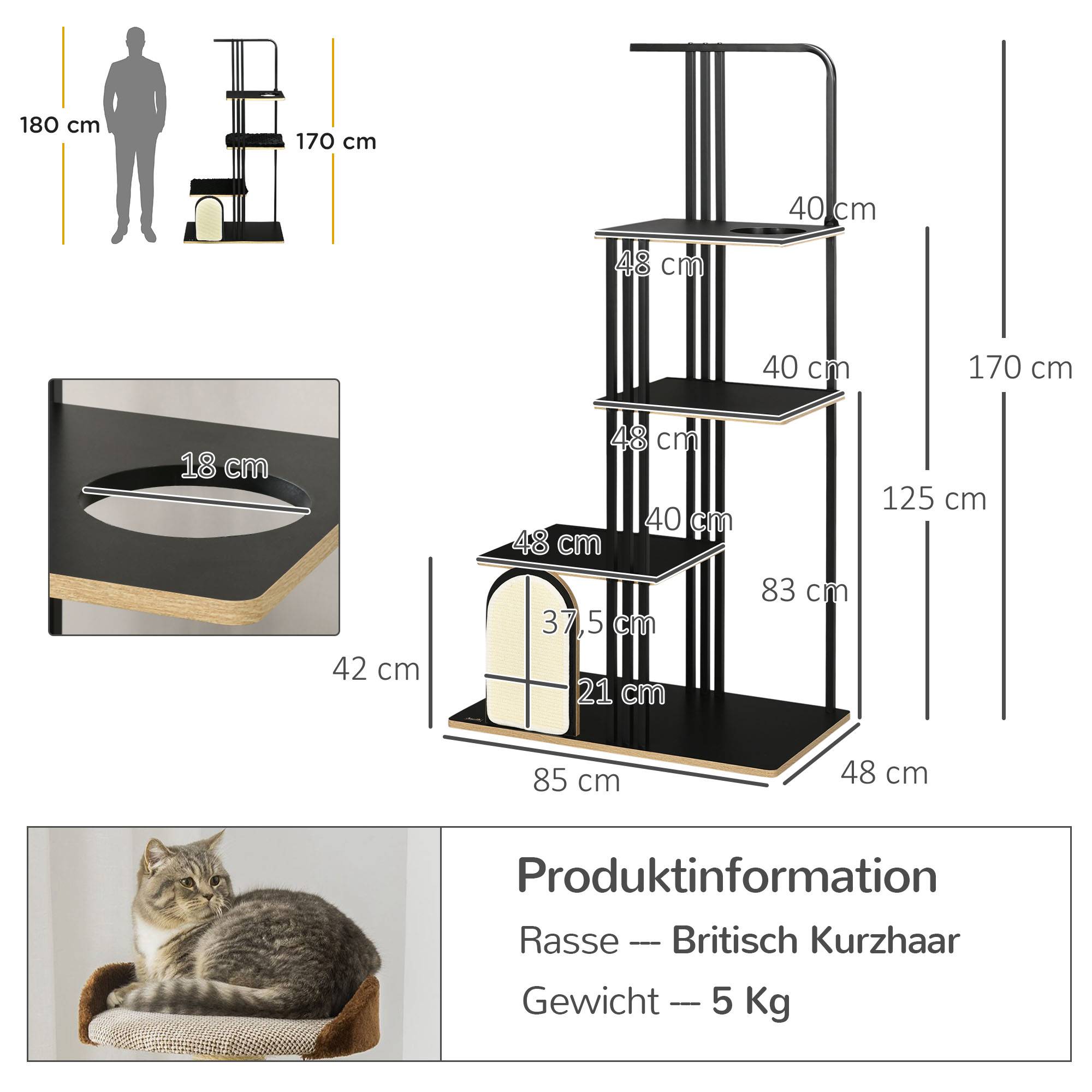 Sans Marque - Arbre à chat, design industriel, 3 plateformes, 2 coussins, mur à griffer, structure en acier, noir, 85 x 48 x 170 cm - Image 4