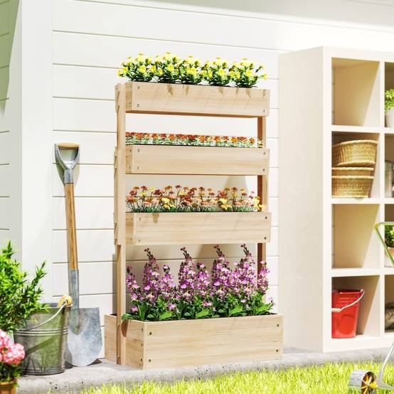 Carré Potager Vertical Bois 4 Niveaux Jardinière Escalier Balcon Terrasse 89x45x140cm Naturel - ComfortXL Outdoor Living - Image 1