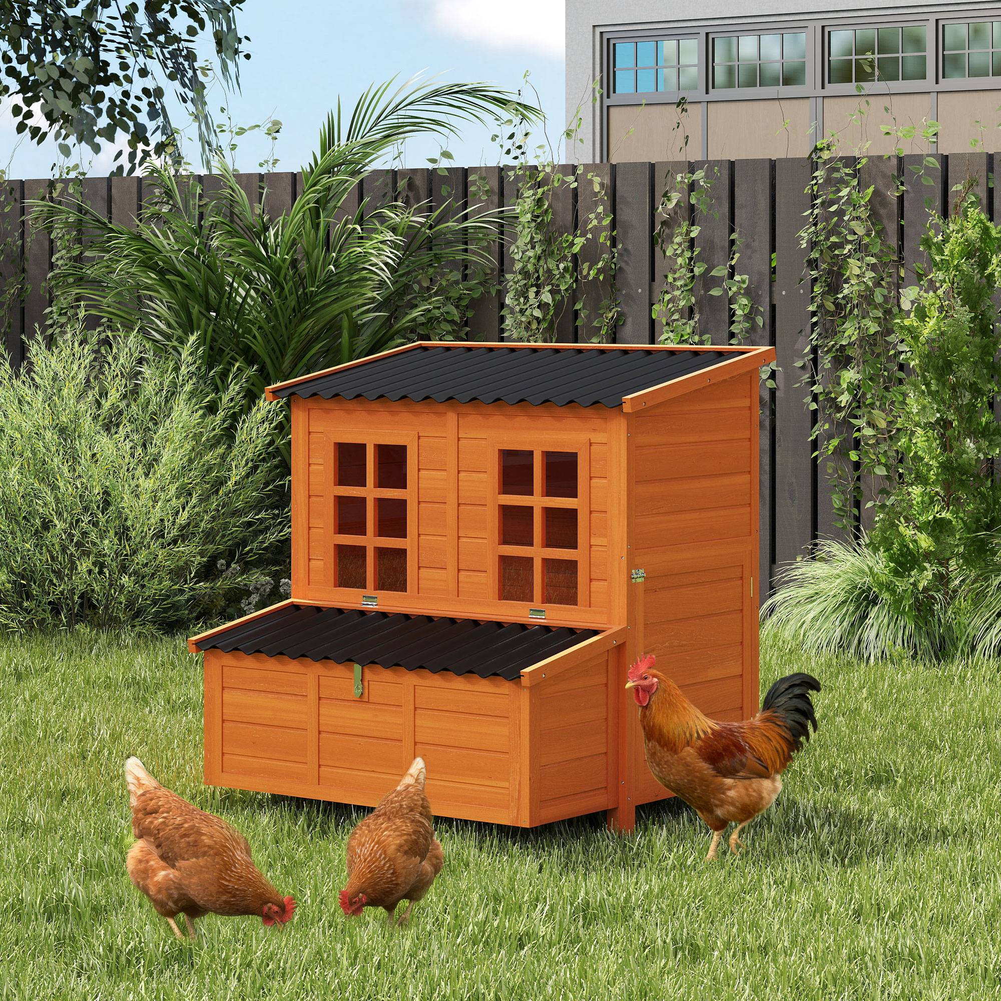 Sans Marque - Poulailler pondoir 3-4 poules toit étanche bois sapin plastique 100x86x100 cm orange - Image 4