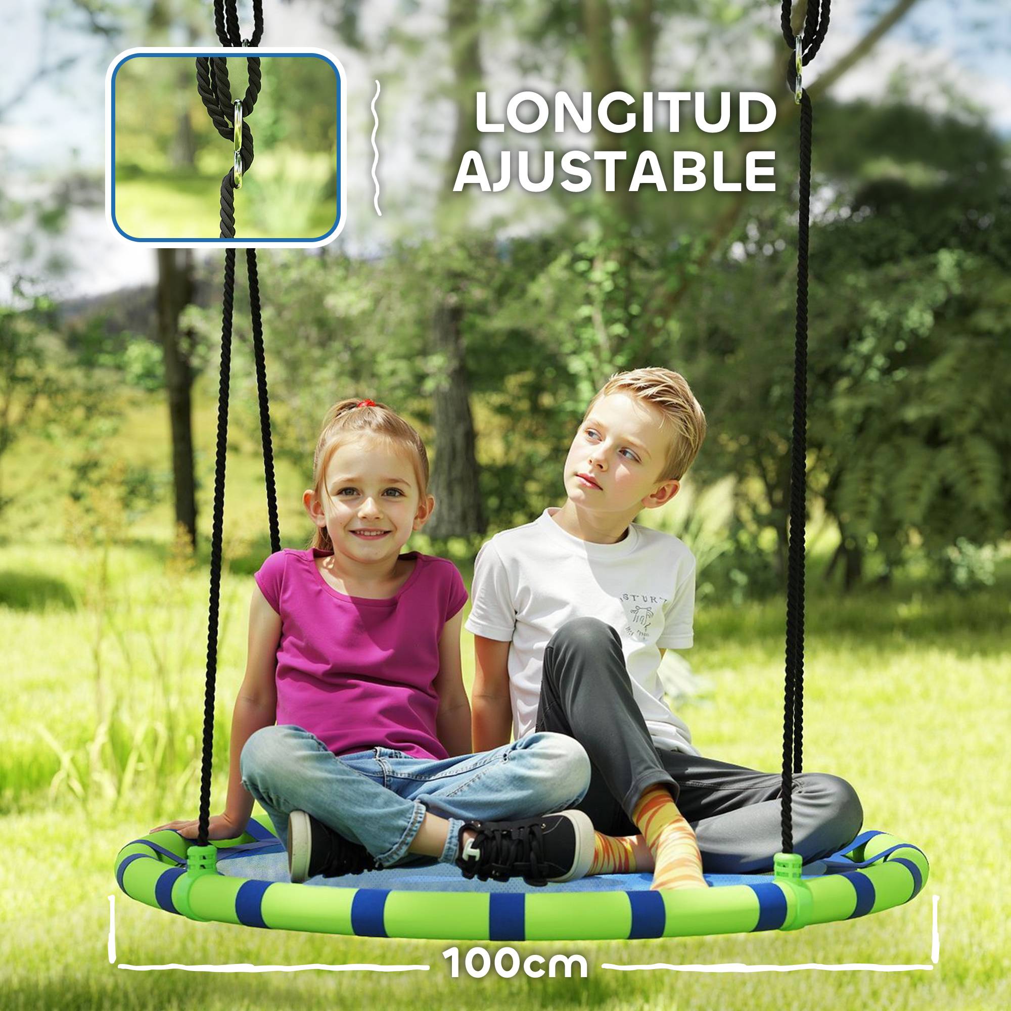 Balançoire de jardin ronde pour enfants de 100 cm de diamètre, hauteur réglable, supportant jusqu'à 150 kg, Ø 100 x 180 cm, bleue et verte. - Image 7