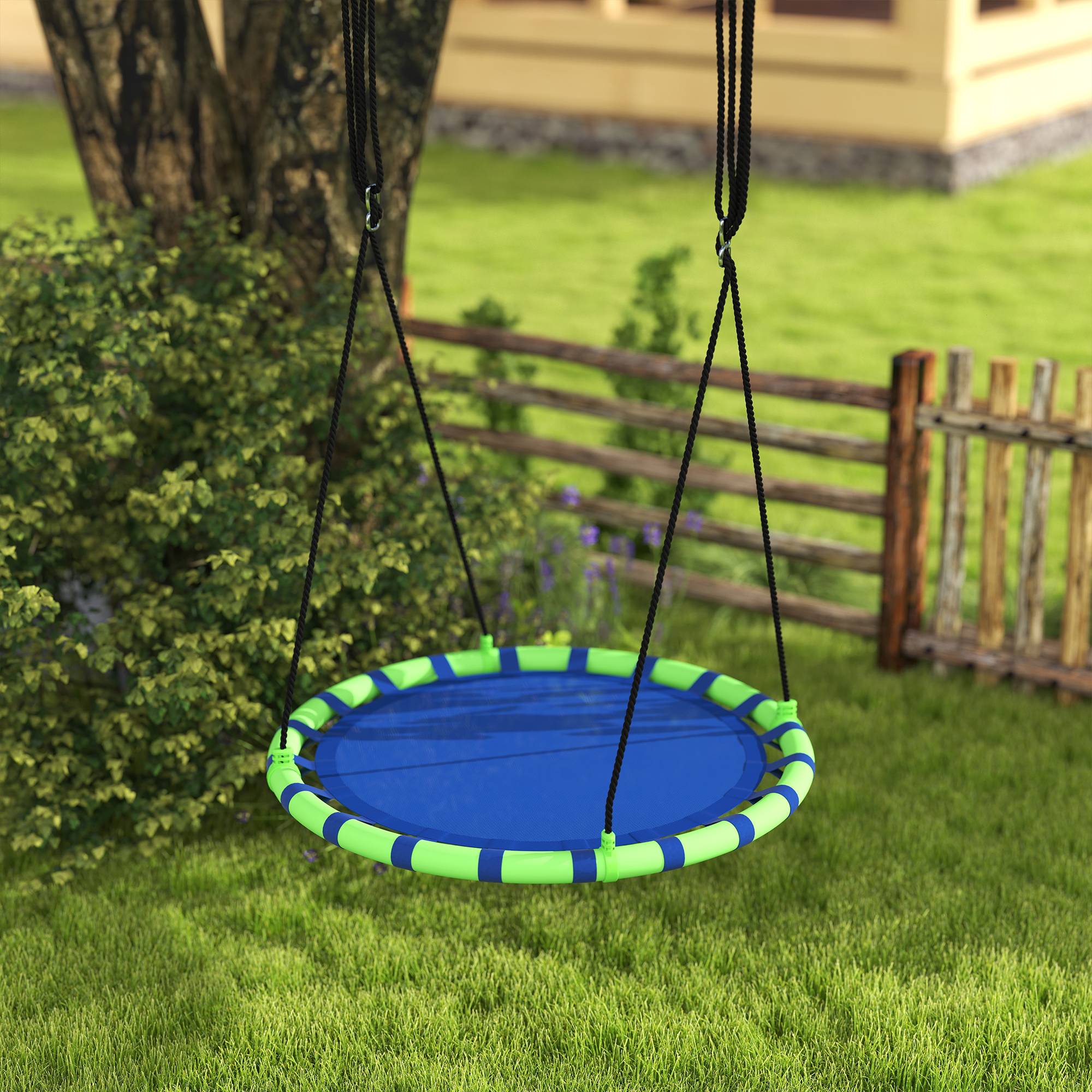 Balançoire de jardin ronde pour enfants de 100 cm de diamètre, hauteur réglable, supportant jusqu'à 150 kg, Ø 100 x 180 cm, bleue et verte. - Image 4