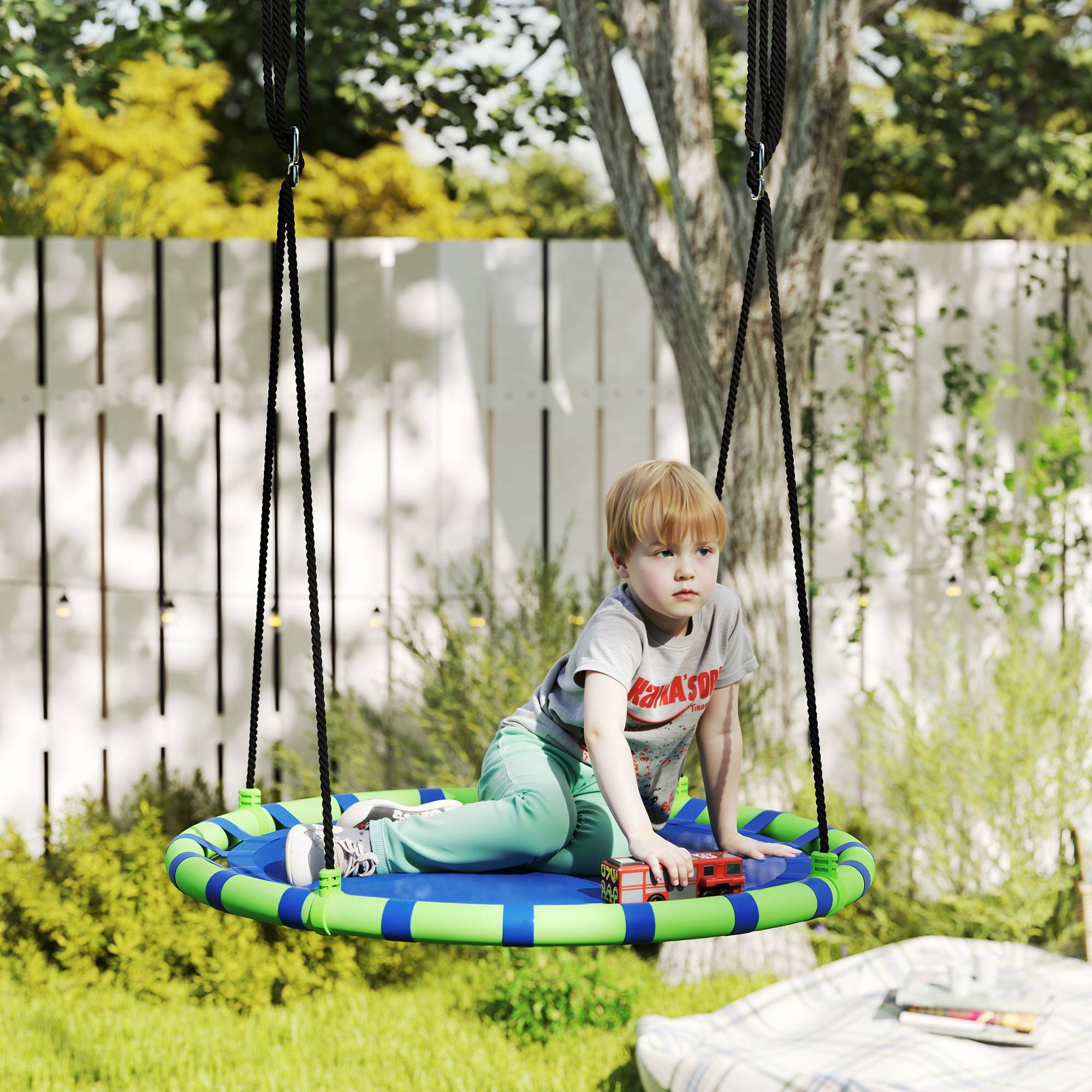 Balançoire de jardin ronde pour enfants de 100 cm de diamètre, hauteur réglable, supportant jusqu'à 150 kg, Ø 100 x 180 cm, bleue et verte. - Image 3