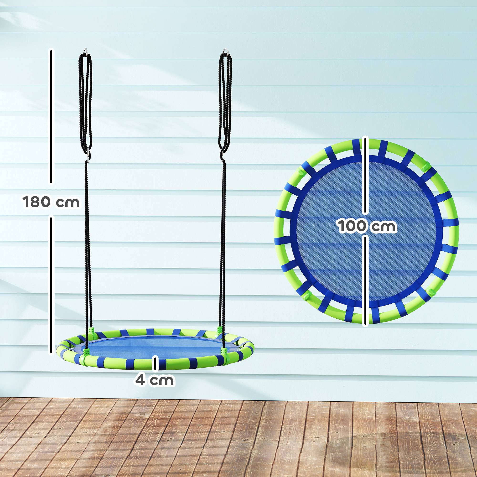 Balançoire de jardin ronde pour enfants de 100 cm de diamètre, hauteur réglable, supportant jusqu'à 150 kg, Ø 100 x 180 cm, bleue et verte. - Image 5