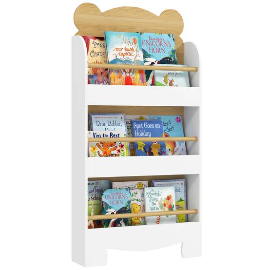 Bibliothèque pour enfants à 3 niveaux avec motif d'ours en peluche, bords arrondis et barrières de sécurité pour les livres et les jouets - Image 1