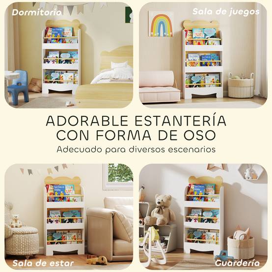 Bibliothèque pour enfants à 3 niveaux avec motif d'ours en peluche, bords arrondis et barrières de sécurité pour les livres et les jouets - Image 9