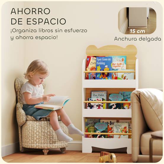 Bibliothèque pour enfants à 3 niveaux avec motif d'ours en peluche, bords arrondis et barrières de sécurité pour les livres et les jouets - Image 8