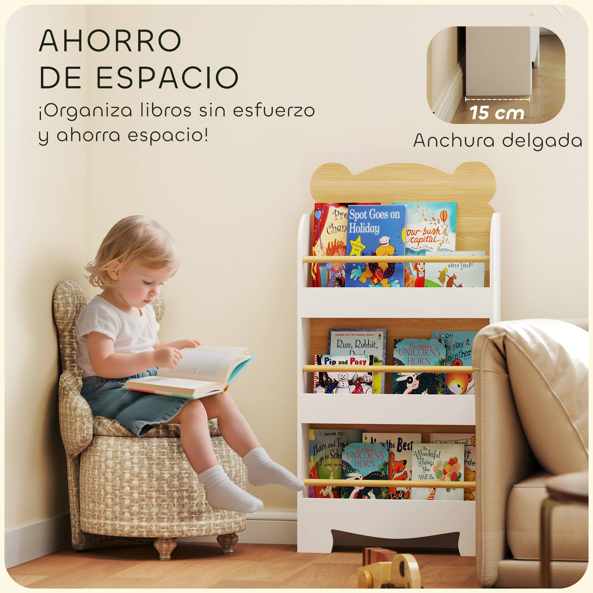 Bibliothèque pour enfants à 3 niveaux avec motif d'ours en peluche, bords arrondis et barrières de sécurité pour les livres et les jouets - Image 8