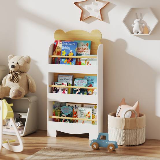 Bibliothèque pour enfants à 3 niveaux avec motif d'ours en peluche, bords arrondis et barrières de sécurité pour les livres et les jouets - Image 4