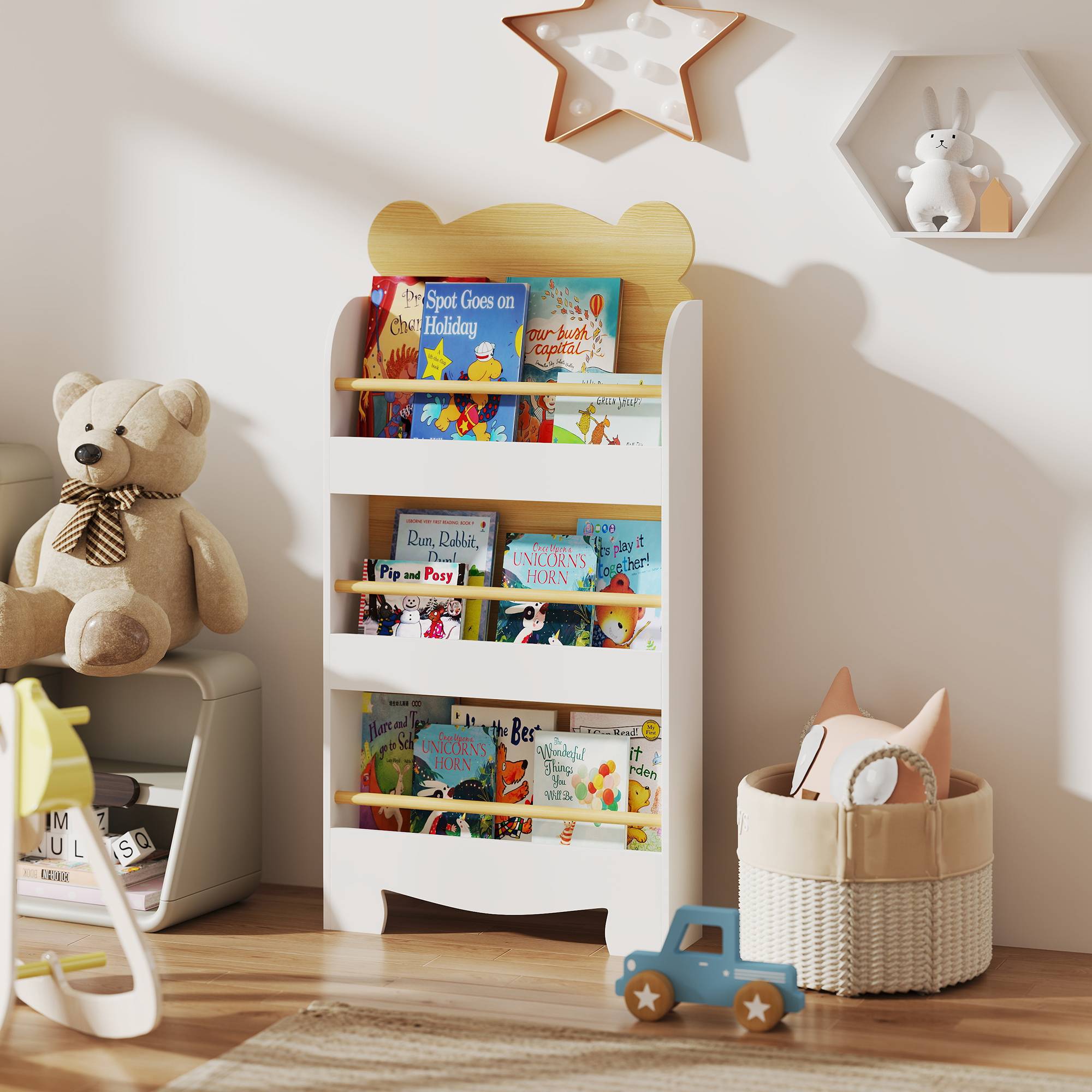 Bibliothèque pour enfants à 3 niveaux avec motif d'ours en peluche, bords arrondis et barrières de sécurité pour les livres et les jouets - Image 4