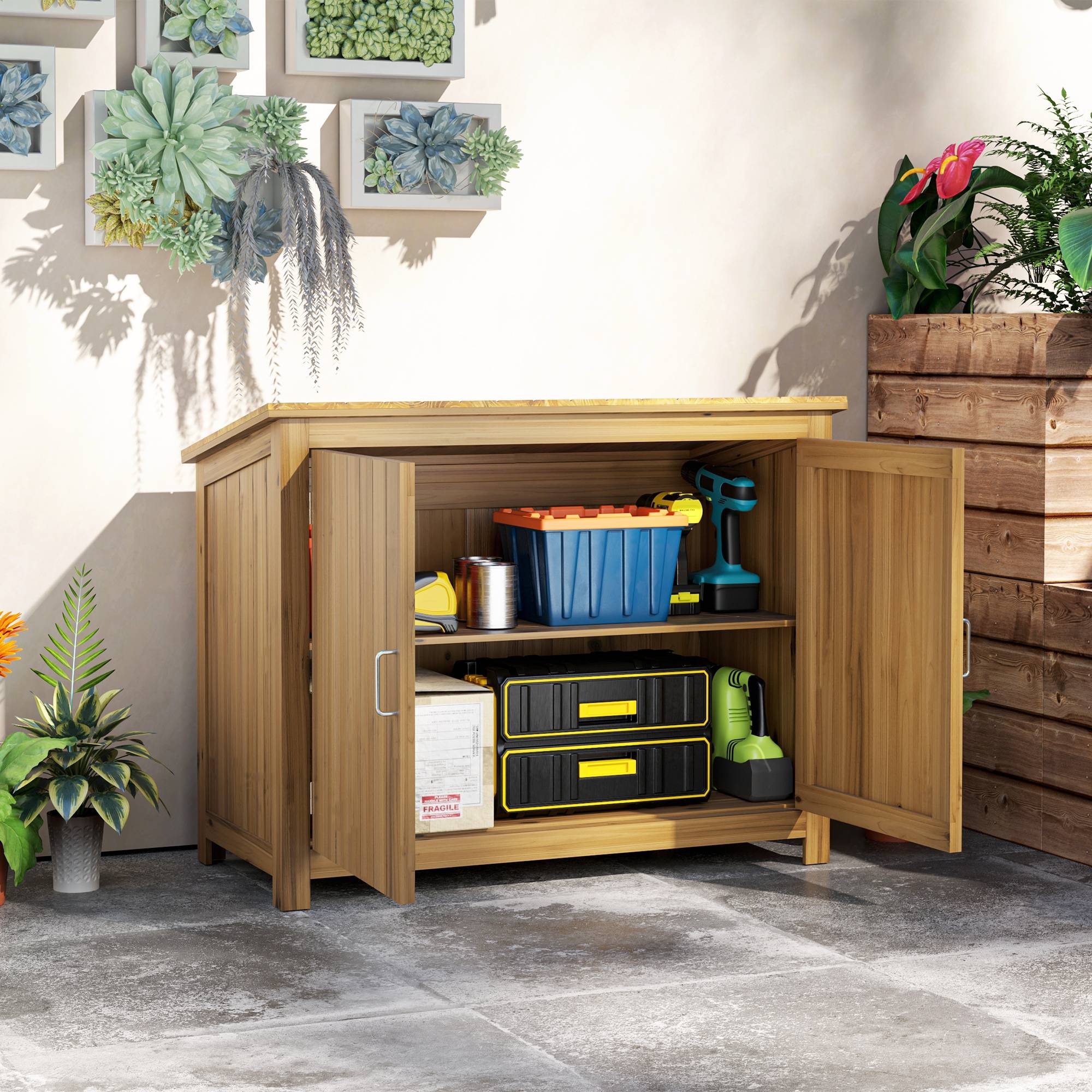 Armoire de jardin bois extérieur toit incliné 2 étagères 110x50x85cm marron - ComfortXL Outdoor Living - Image 3