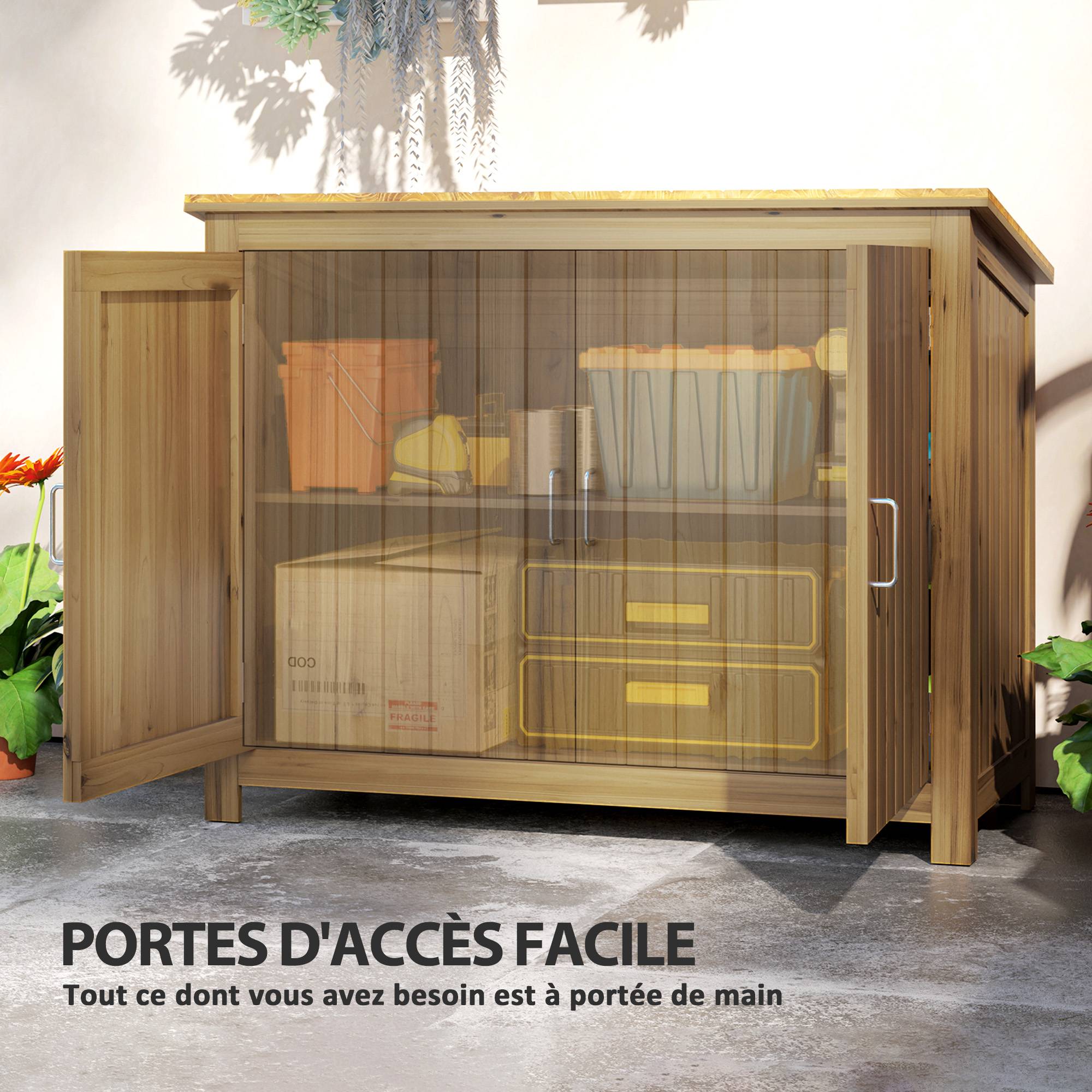 Armoire de jardin bois extérieur toit incliné 2 étagères 110x50x85cm marron - ComfortXL Outdoor Living - Image 7