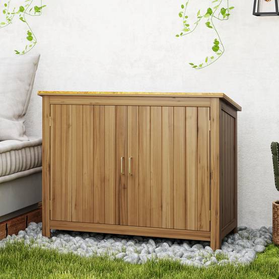Armoire de jardin bois extérieur toit incliné 2 étagères 110x50x85cm marron - ComfortXL Outdoor Living - Image 9