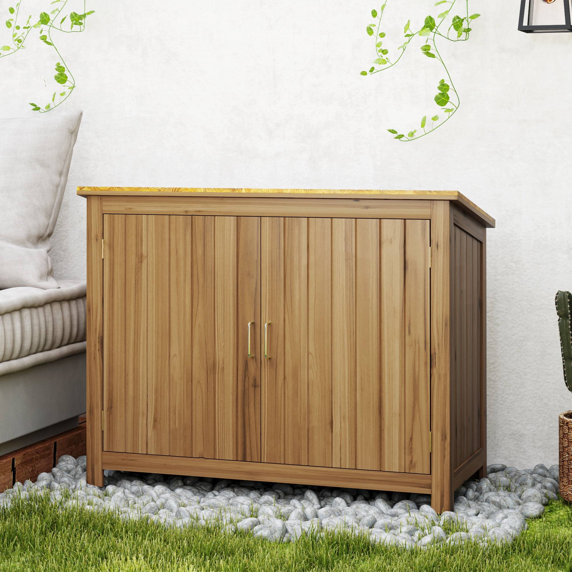 Armoire de jardin bois extérieur toit incliné 2 étagères 110x50x85cm marron - ComfortXL Outdoor Living - Image 9