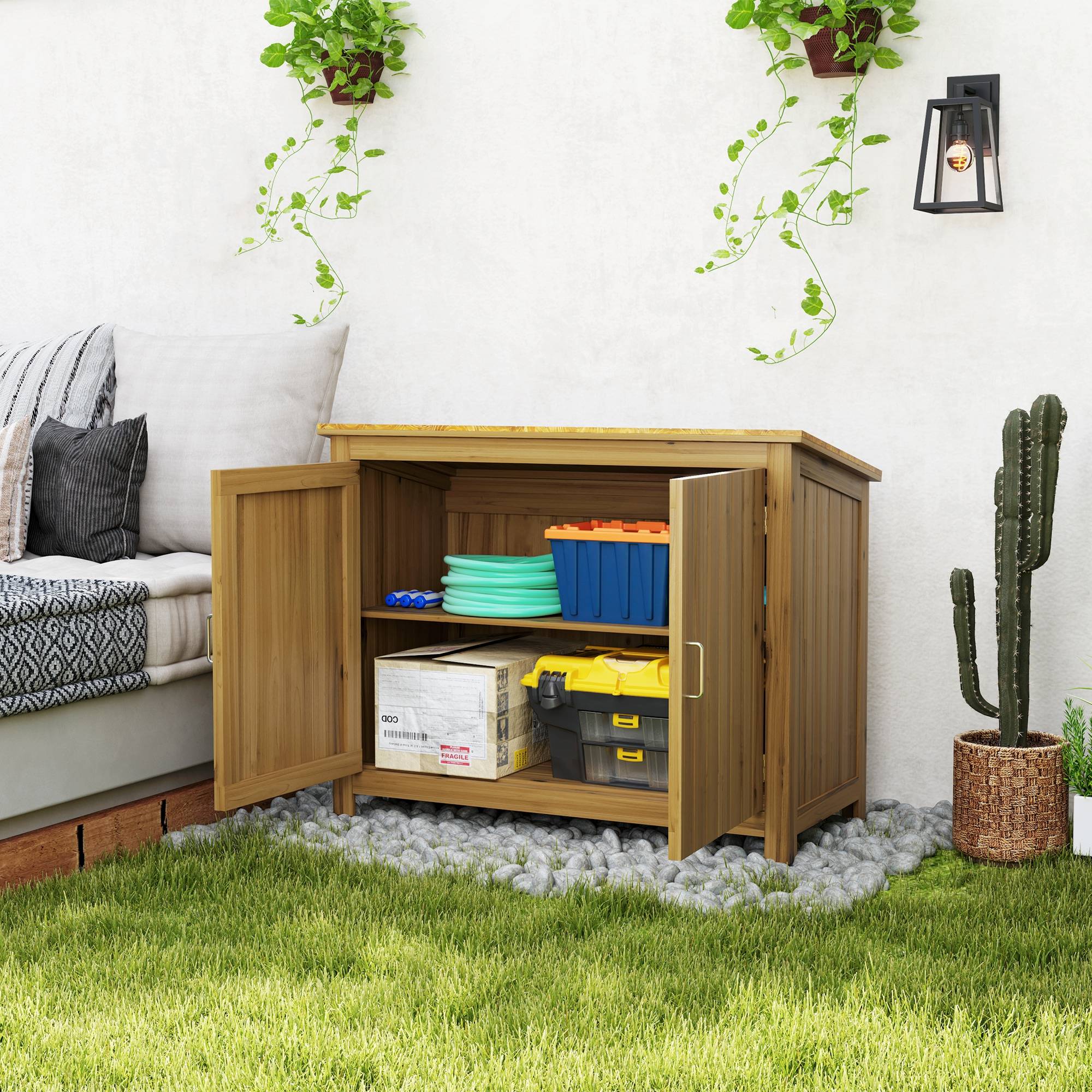 Armoire de jardin bois extérieur toit incliné 2 étagères 110x50x85cm marron - ComfortXL Outdoor Living - Image 4