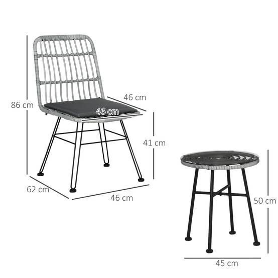 Ensemble table et chaises jardin 3 pcs rotin PE et acier, bistrot, table verre, 2 chaises, gris - Image 5