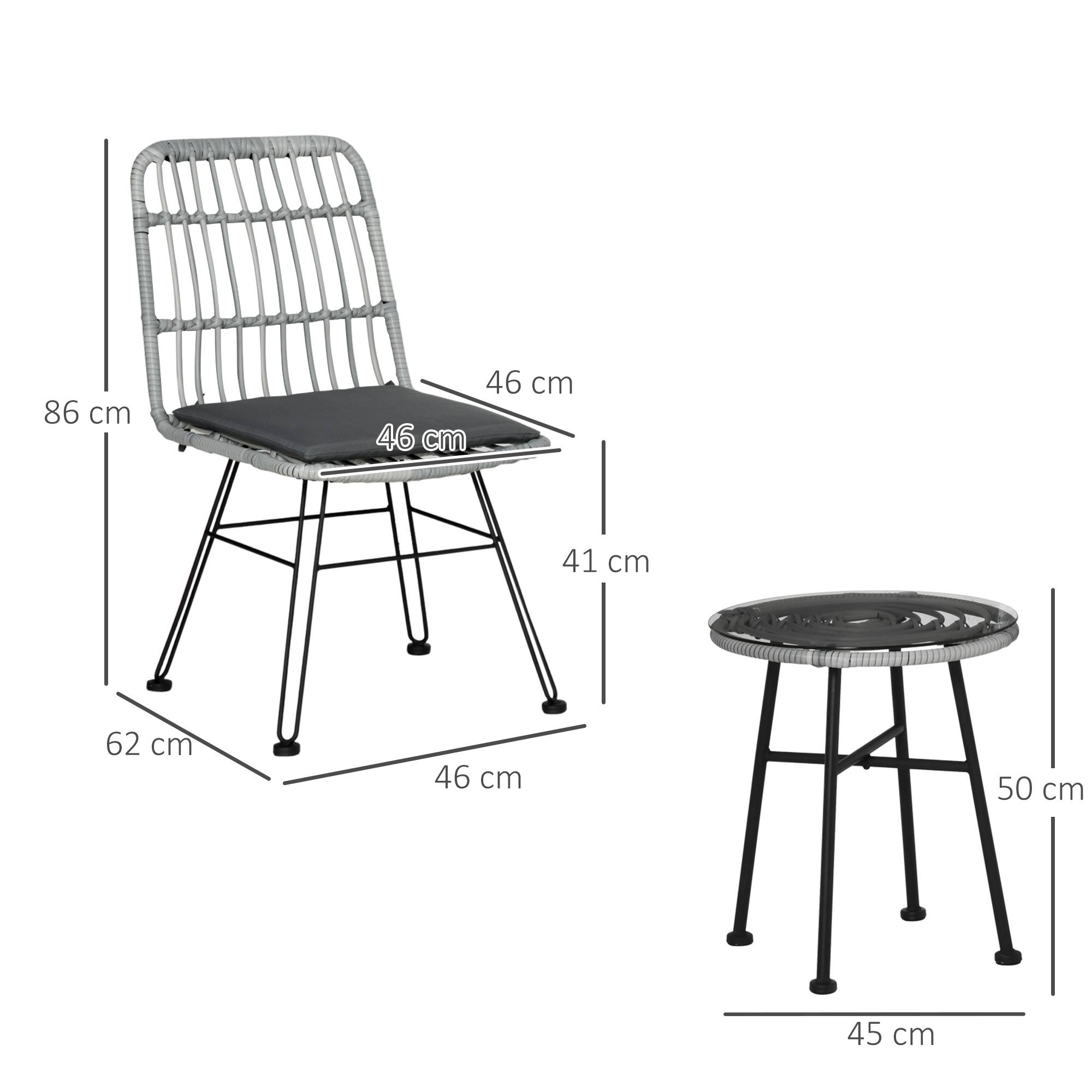 Ensemble table et chaises jardin 3 pcs rotin PE et acier, bistrot, table verre, 2 chaises, gris - Image 5