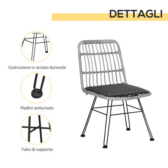 Ensemble table et chaises jardin 3 pcs rotin PE et acier, bistrot, table verre, 2 chaises, gris - Image 7
