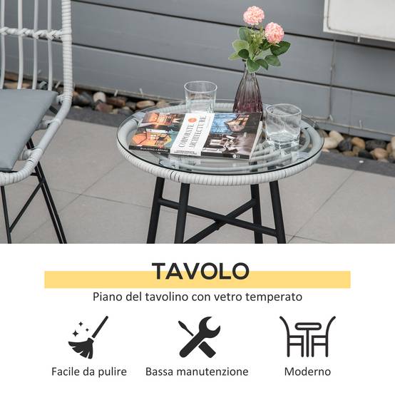 Ensemble table et chaises jardin 3 pcs rotin PE et acier, bistrot, table verre, 2 chaises, gris - Image 8