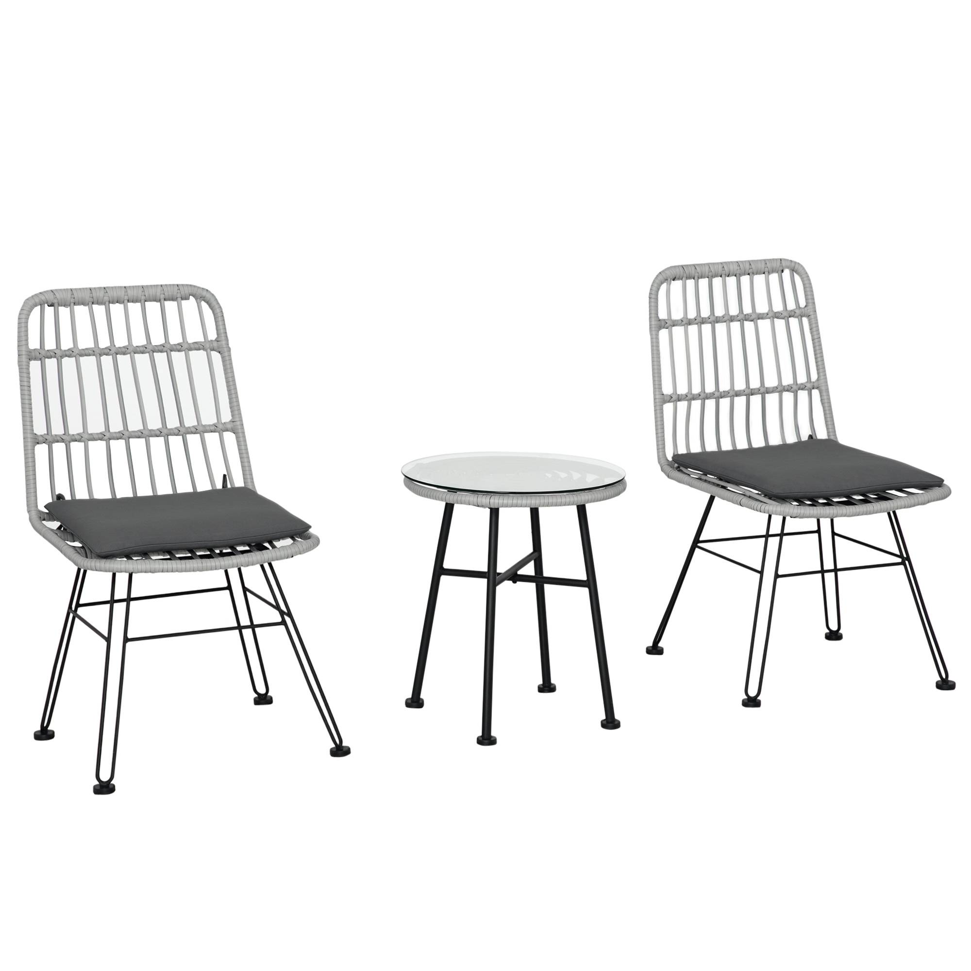 Ensemble table et chaises jardin 3 pcs rotin PE et acier, bistrot, table verre, 2 chaises, gris - Image 1