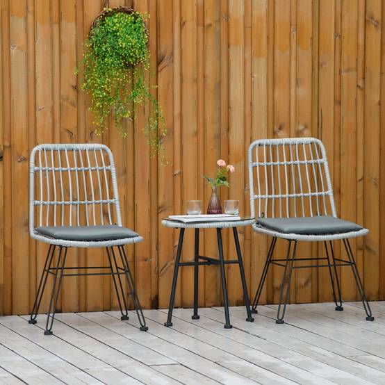 Ensemble table et chaises jardin 3 pcs rotin PE et acier, bistrot, table verre, 2 chaises, gris - Image 3