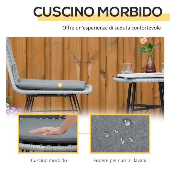 Ensemble table et chaises jardin 3 pcs rotin PE et acier, bistrot, table verre, 2 chaises, gris - Image 9